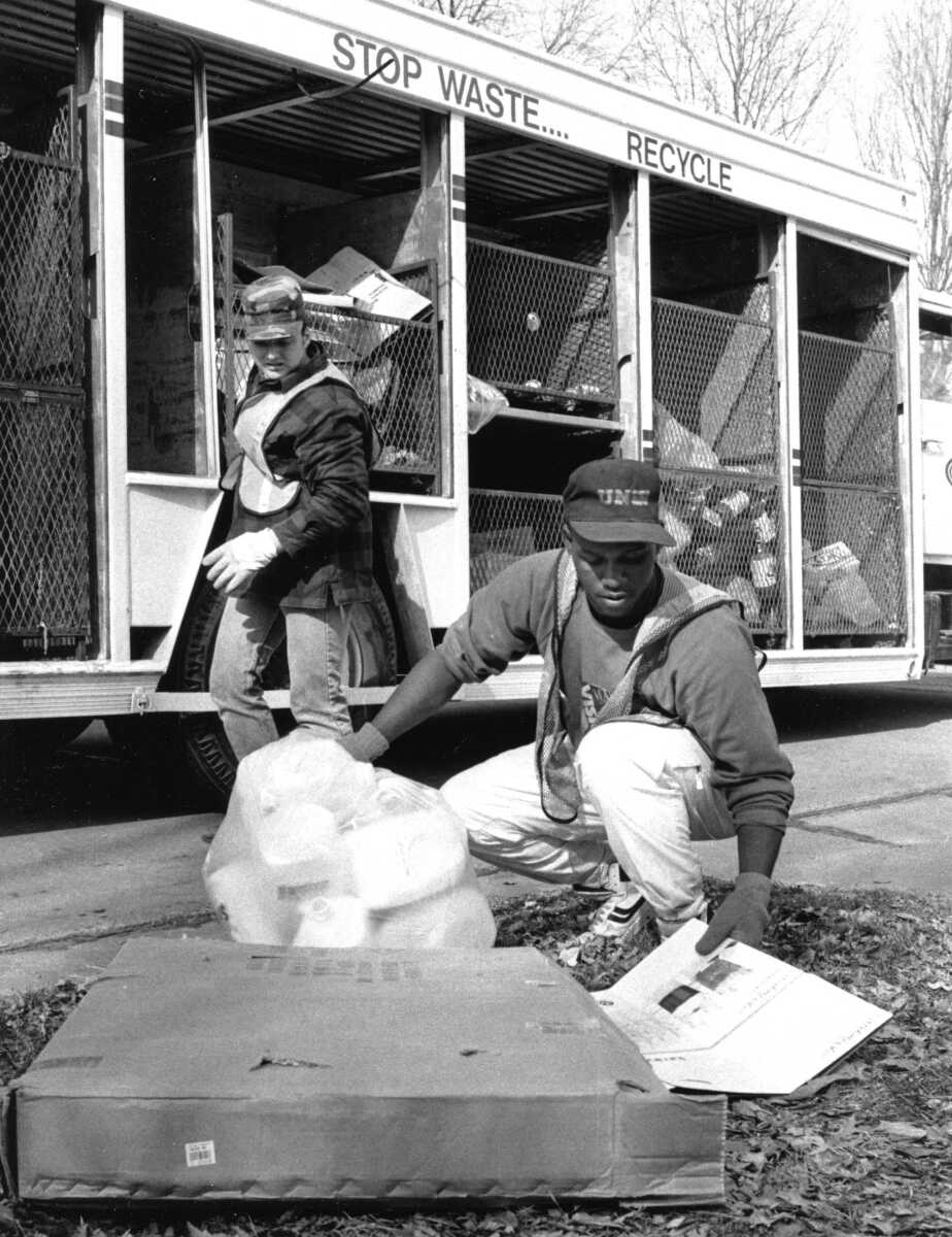 Published Feb. 9, 1992.
David Sanford, left, and Tyrone Jones, both with the Cape Girardeau Public Works Department, picked up recyclables, a service the city implemented in 1991. (Southeast Missourian archive)