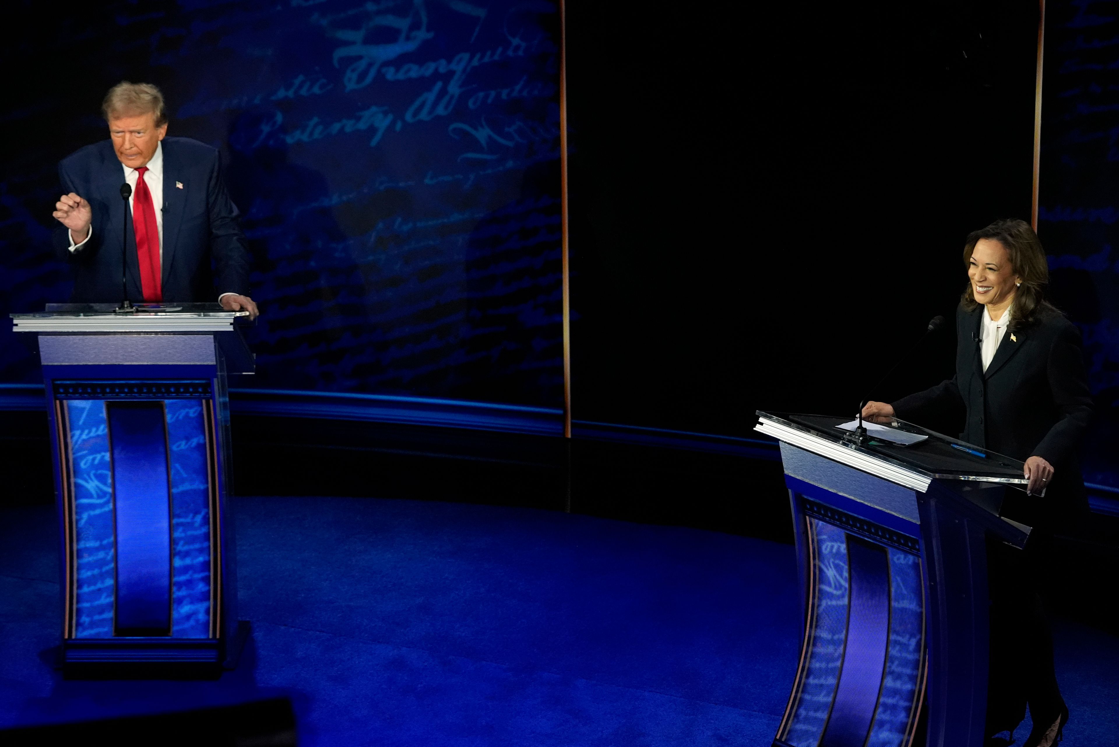 Republican presidential nominee former President Donald Trump and Democratic presidential nominee Vice President Kamala Harris participate during an ABC News presidential debate at the National Constitution Center, Tuesday, Sept.10, 2024, in Philadelphia. (AP Photo/Alex Brandon)