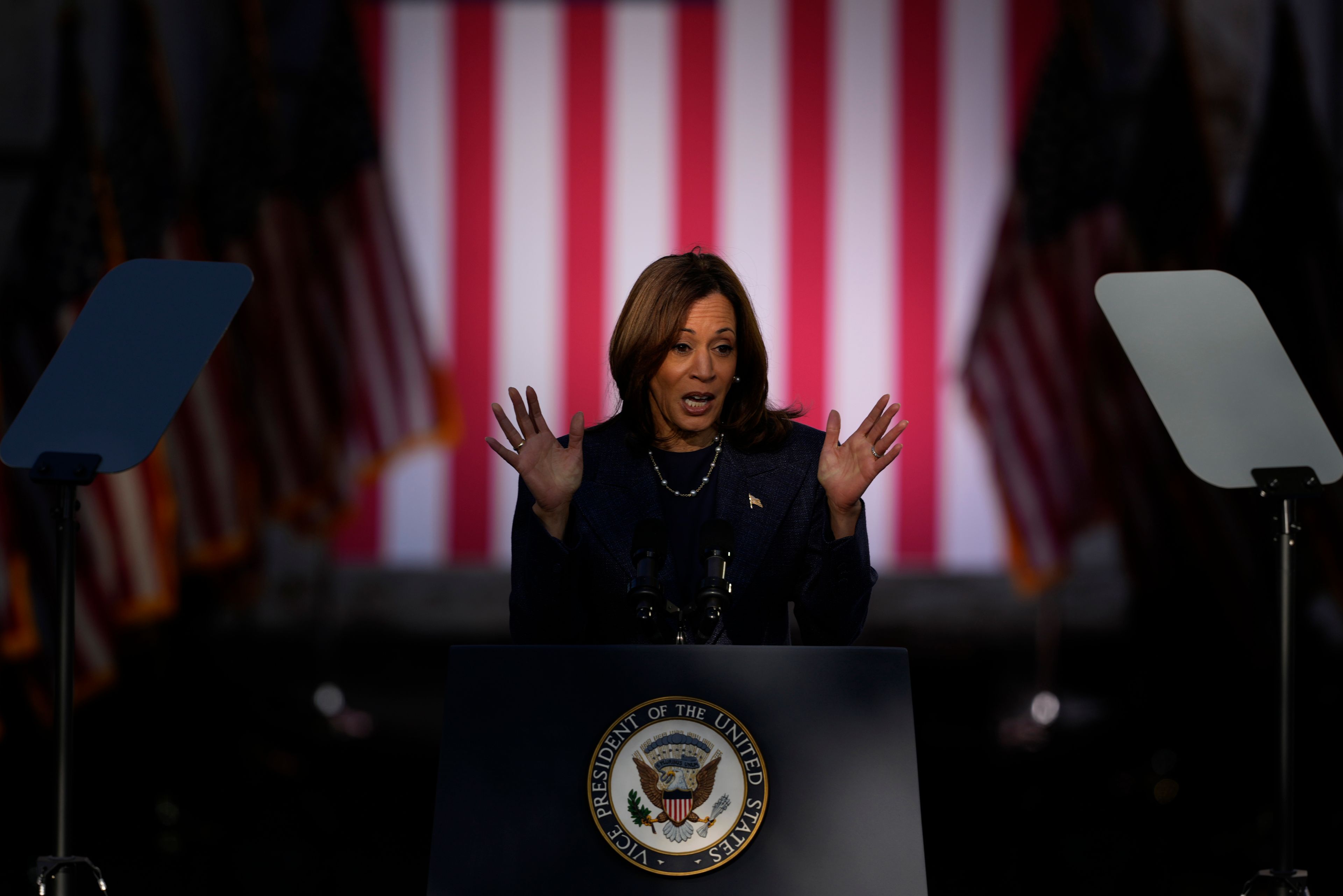 Democratic presidential nominee Vice President Kamala Harris speaks during a campaign event at Washington Crossing Historic Park, Wednesday, Oct. 16, 2024, in Washington Crossing, Pa. (AP Photo/Matt Slocum)