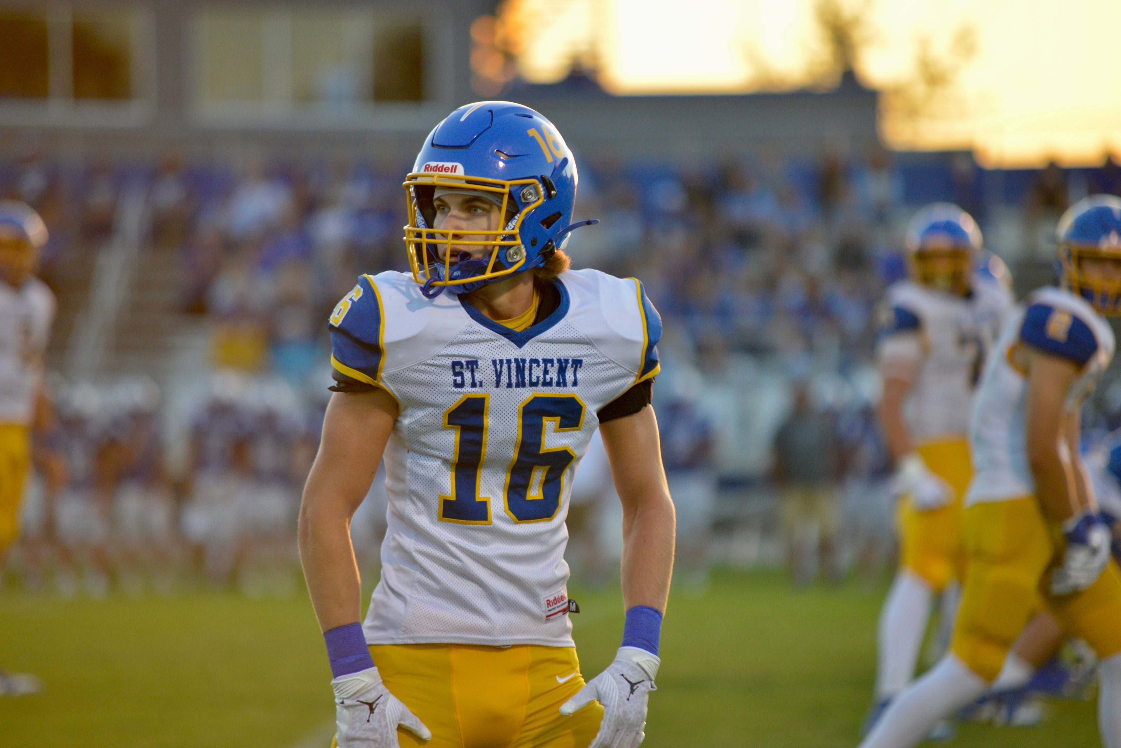 St. Vincent receiver John Schwartz gets set for a play at a recent game in St. Genevieve, Mo.