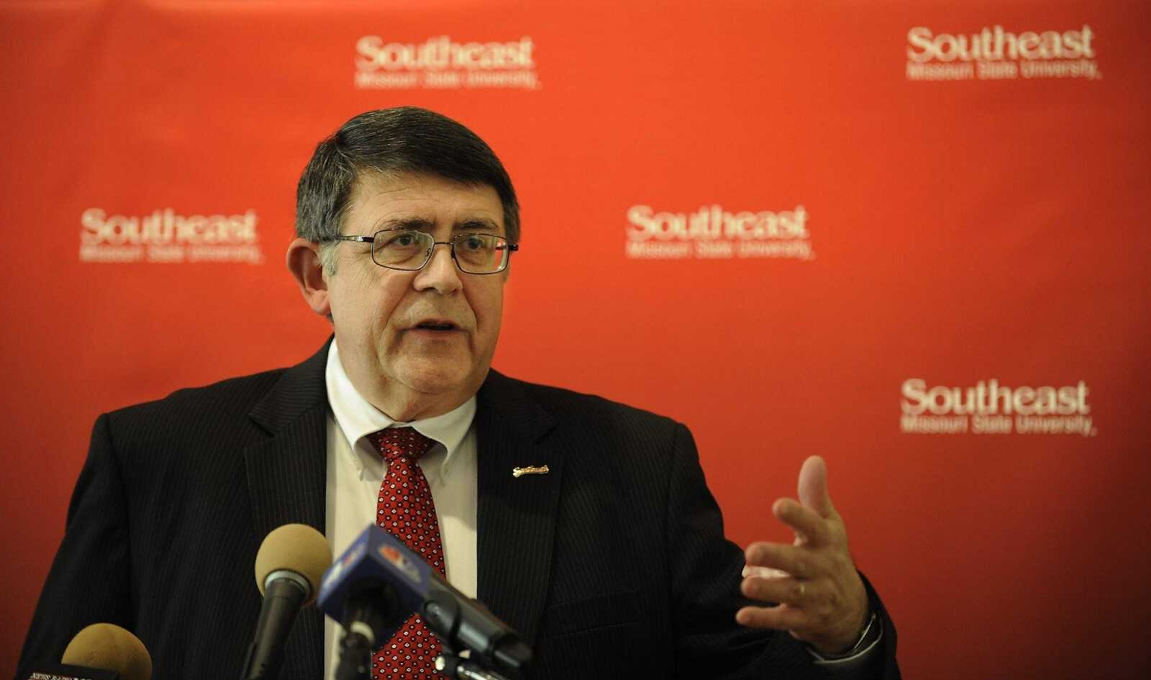 Southeast Missouri State president Ken Dobbins speaks during a news conference about former Southeast Missouri State student Quazi Mohammad Rezwanul Ahsan Nafis, 21,Thursday, October 18. Nafis was arrested in an FBI sting Wednesday after attempting to blow up a fake car bomb outside the Federal Reserve building in Manhattan. (Adam Vogler)