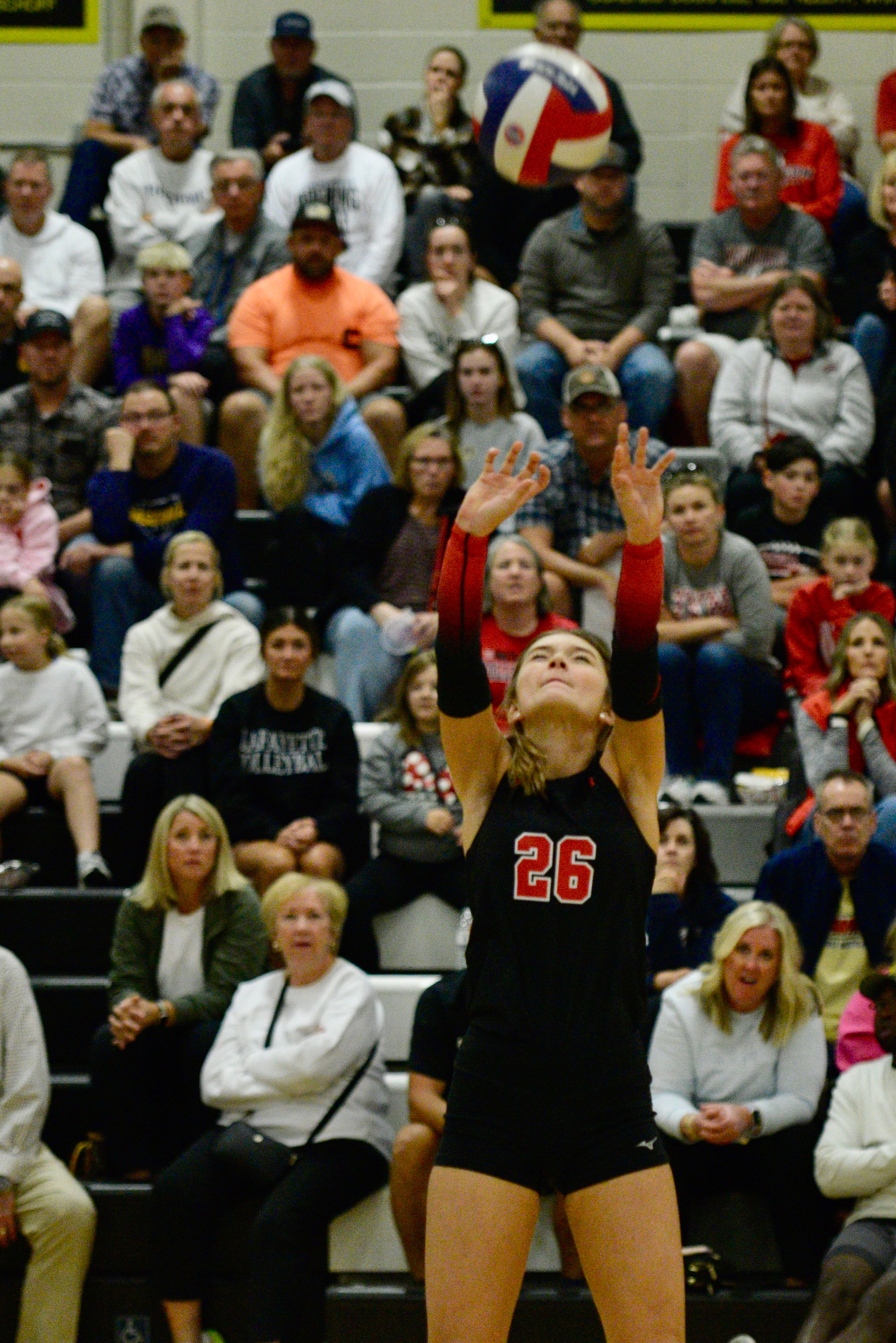 Jackson’s Lauren Dorey sets the ball against Lafayette in the Class 5 quarterfinals on Saturday, Nov. 2, in Wildwood. 