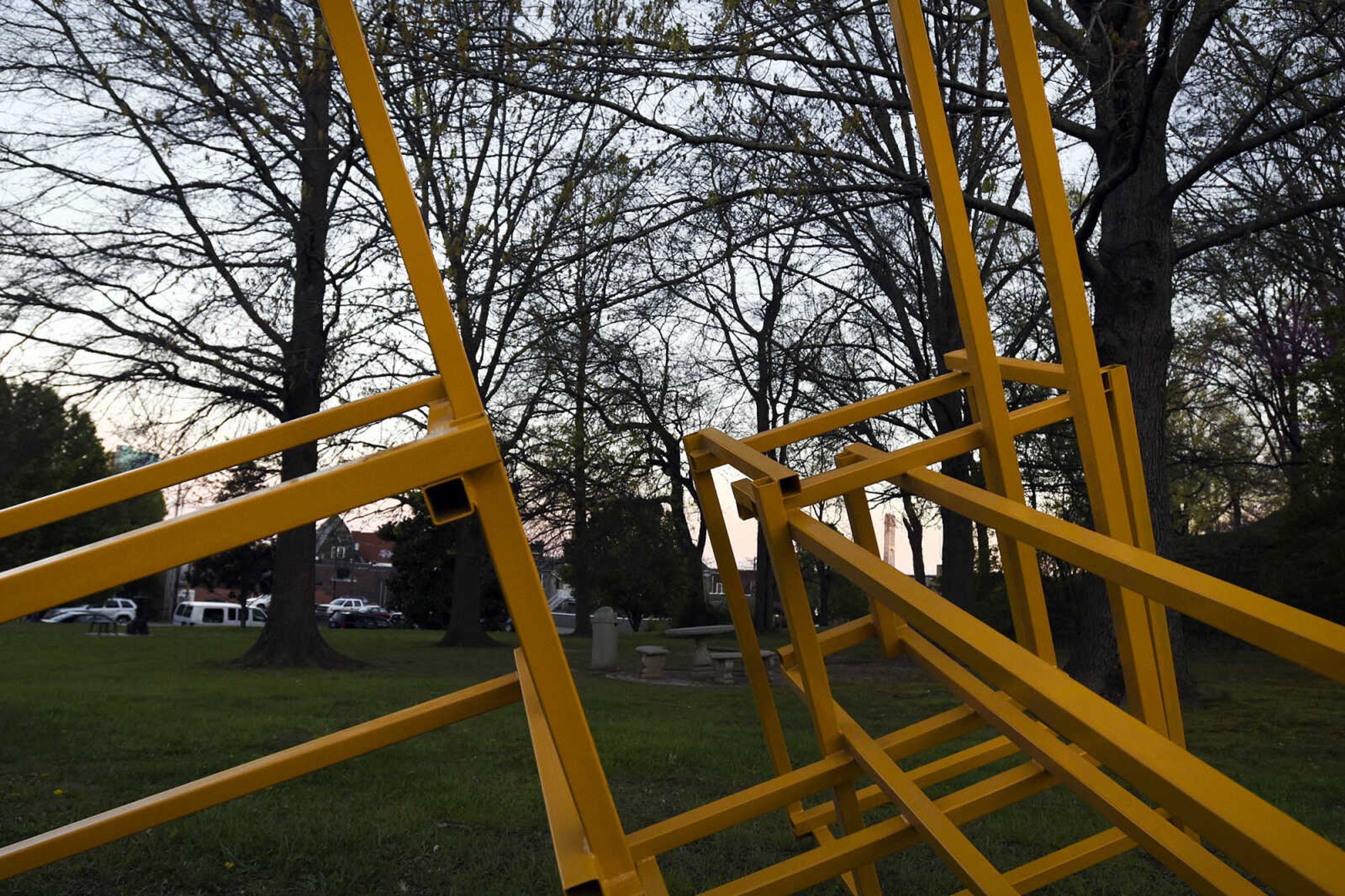 Jeff Boshart's sculpture "T.H.E.B. Caution" is seen on Thursday evening, April 6, 2017, in downtown Cape Girardeau.