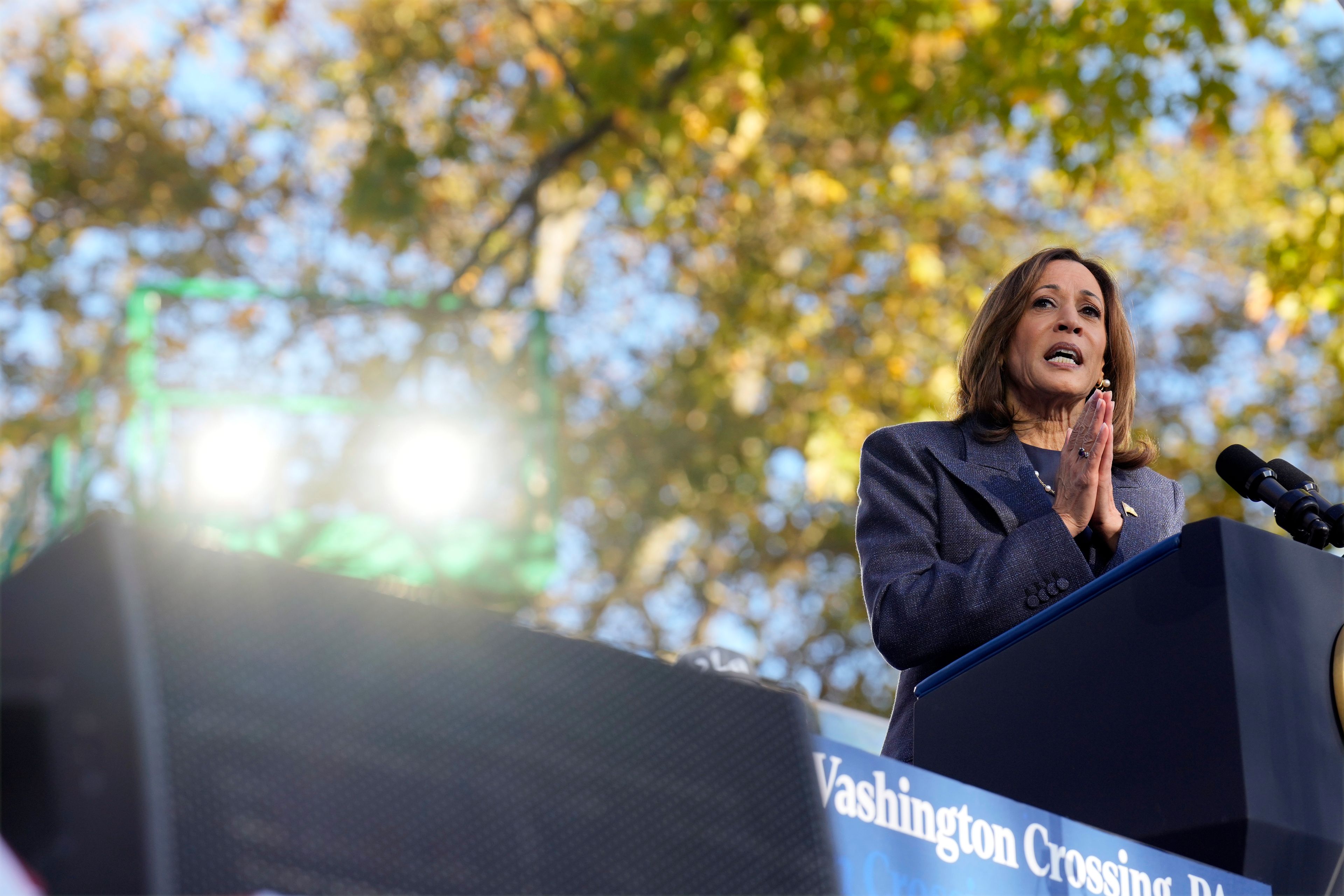 Democratic presidential nominee Vice President Kamala Harris speaks during a campaign event at Washington Crossing Historic Park, Wednesday, Oct. 16, 2024, in Washington Crossing, Pa. (AP Photo/Jacquelyn Martin)