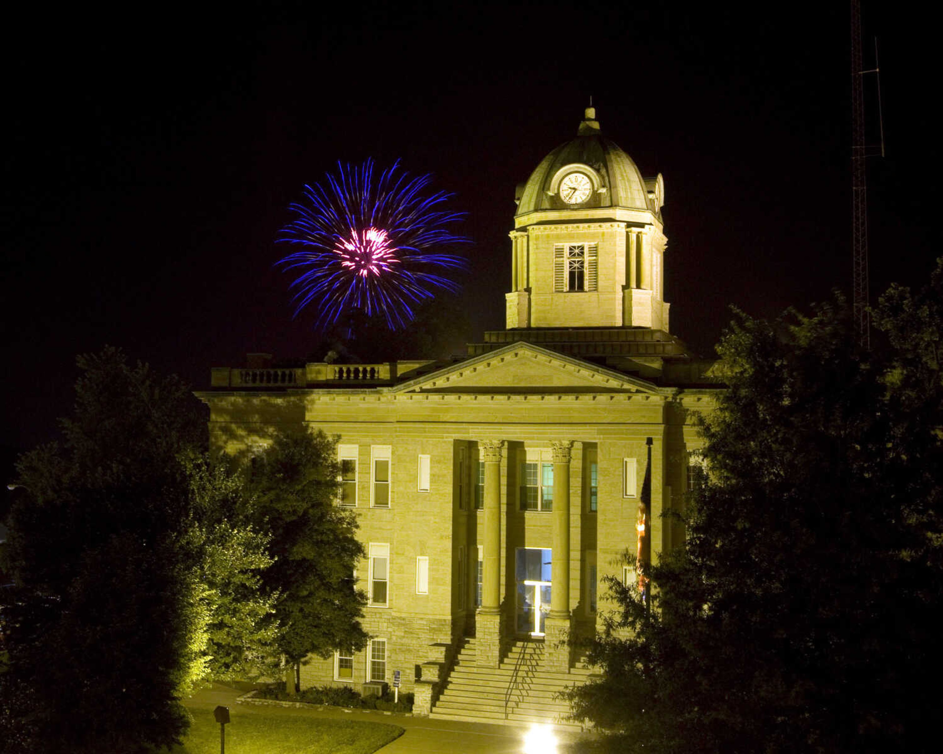 Fireworks seen over the Cape Girardeau County courthouse in Jackson, photographed from the roof of The Andrew Jackson.