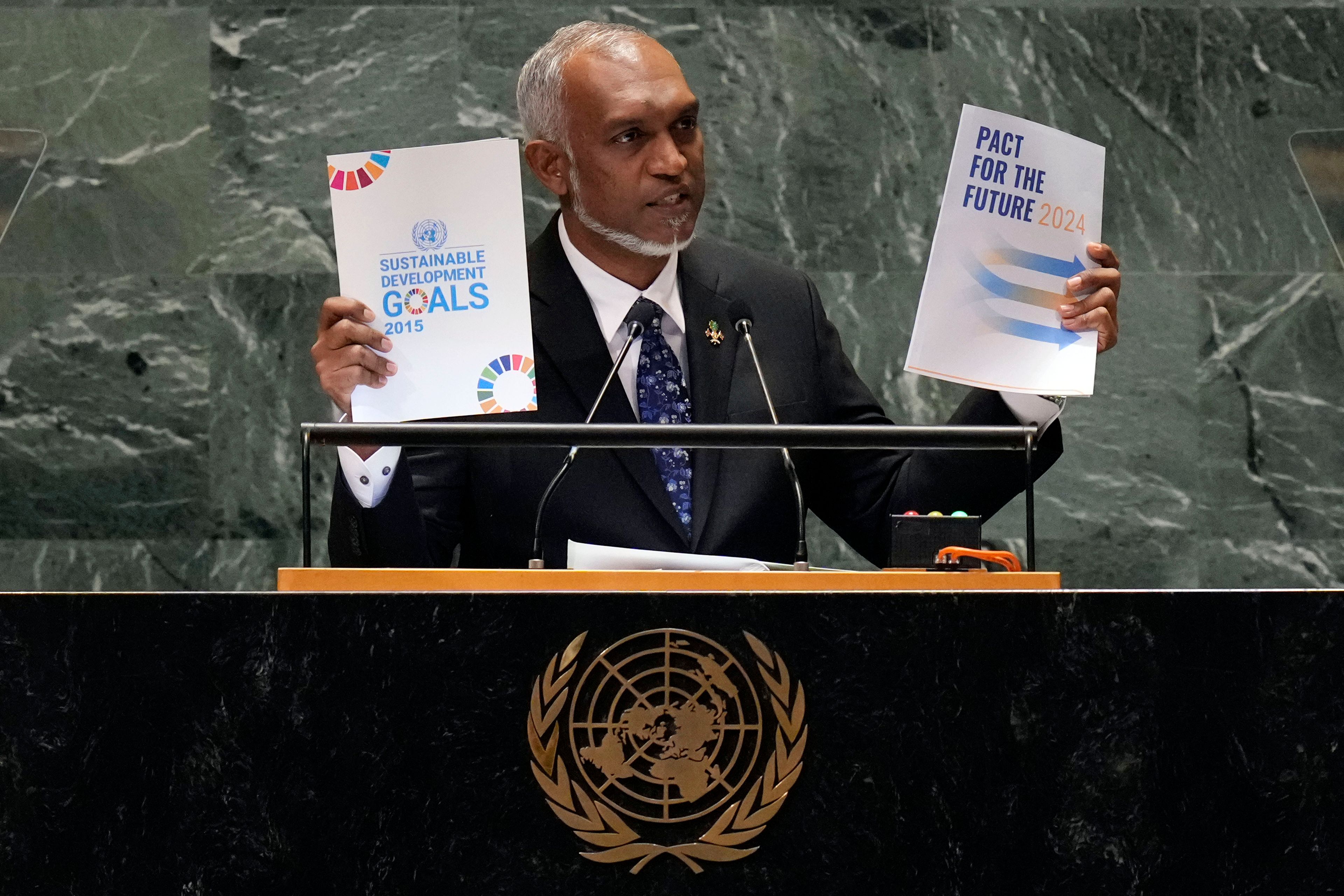 Maldives President Mohamed Muizzu addresses the 79th session of the United Nations General Assembly, Tuesday, Sept. 24, 2024. (AP Photo/Richard Drew)