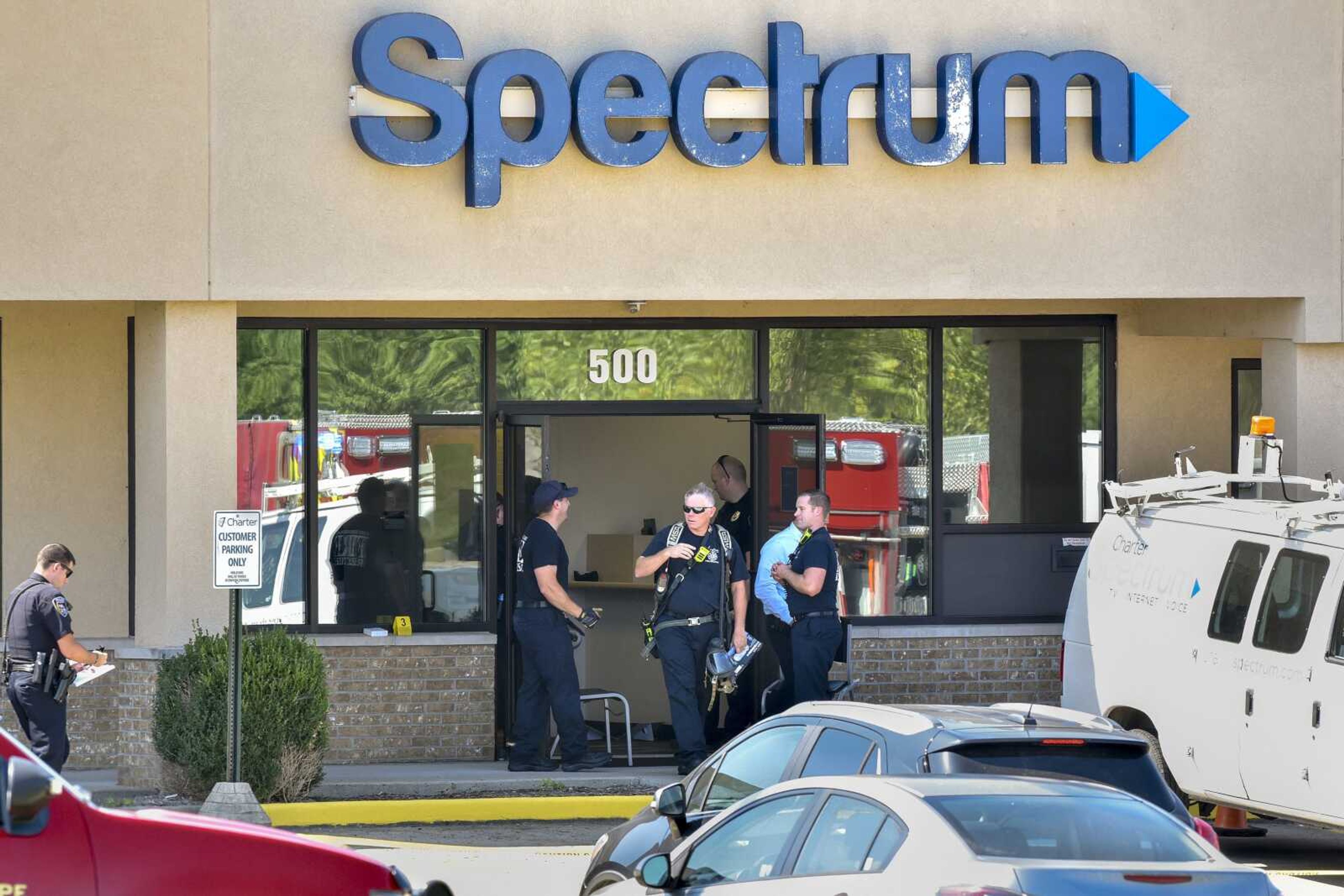 Emergency personnel respond to 623 South Silver Springs Road on Tuesday, Sept. 3, 2019, in Cape Girardeau after a subject entered a business and broke a vial containing an unknown liquid. The business was evacuated and no one was seriously injured from the incident.