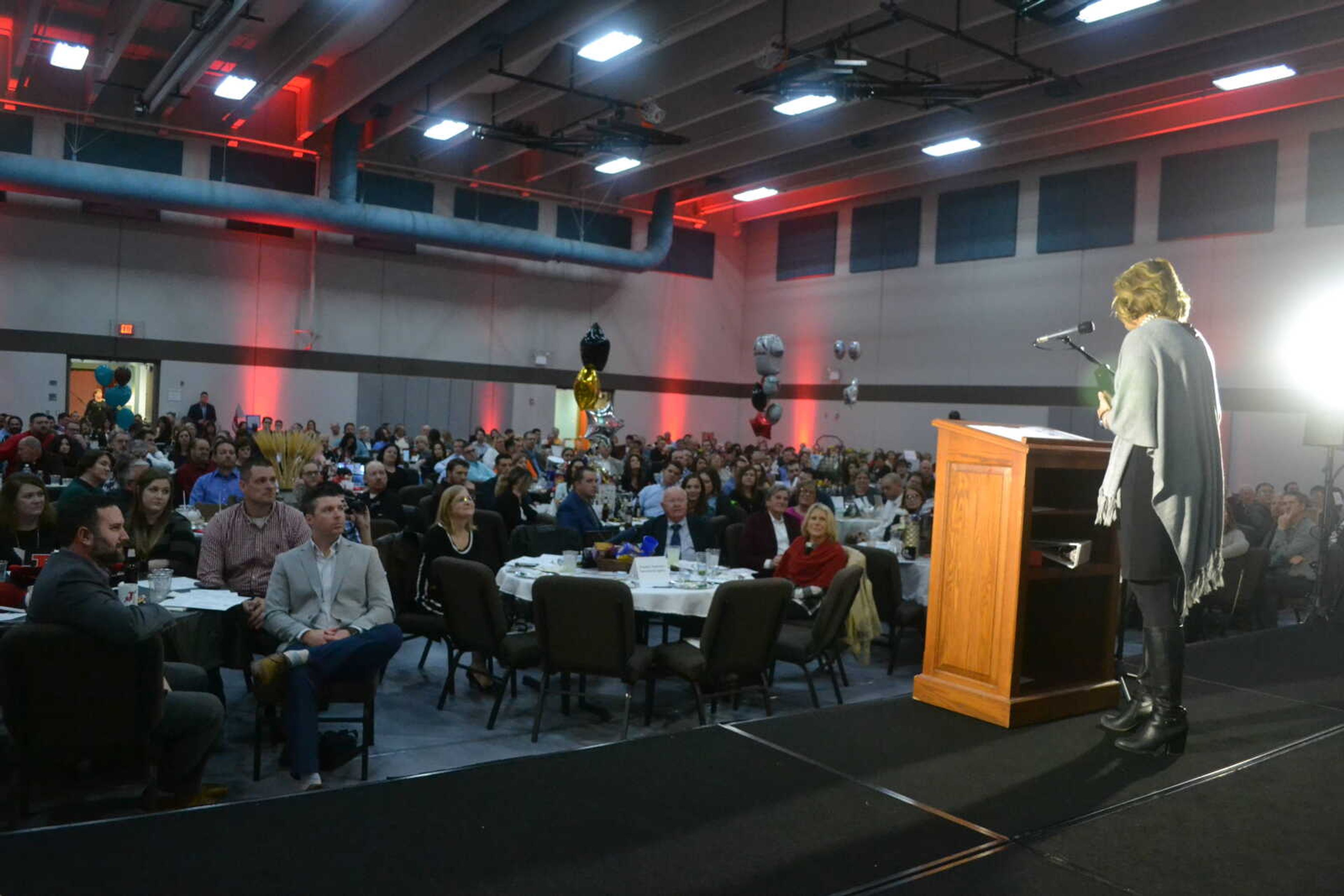 Women's Impact Network (WIN) Woman of the Year award recipient Beth Emmendorfer makes remarks during&nbsp;the Jackson Area Chamber of Commerce's annual banquet and officer installation Jan. 10, 2020, at the Jackson Civic Center.