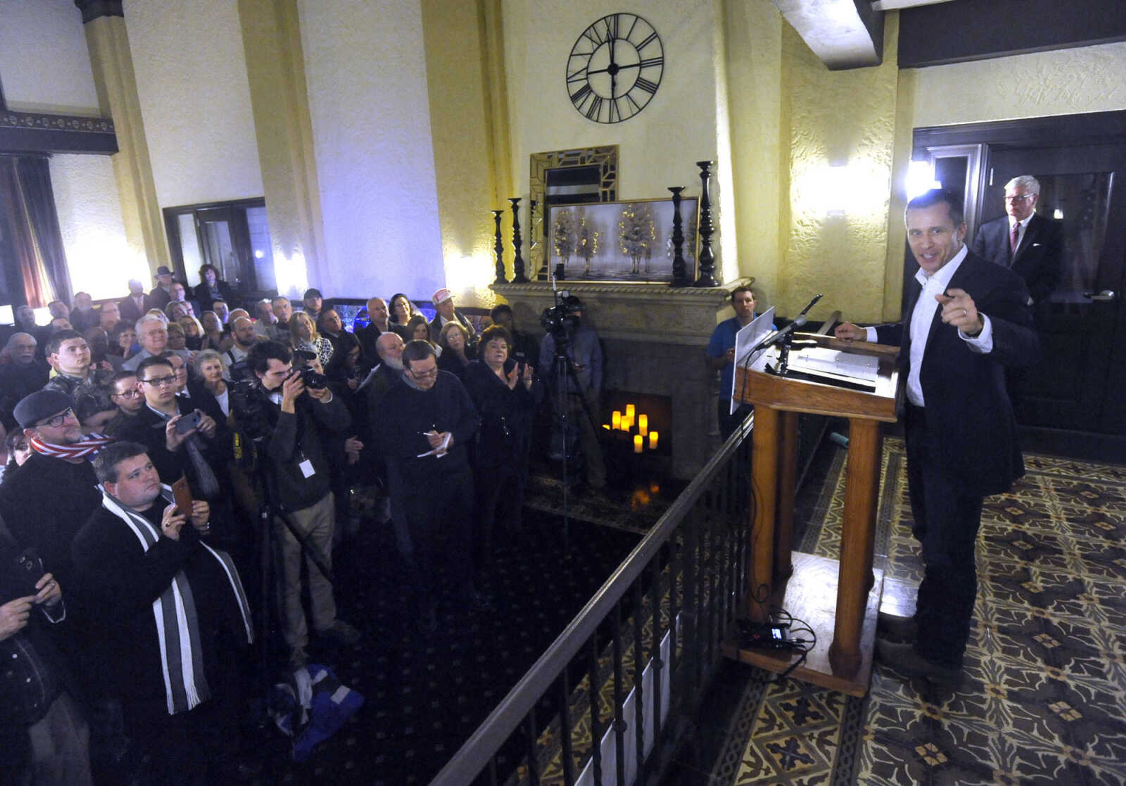 FRED LYNCH ~ flynch@semissourian.com
Missouri Governor-elect Eric Greitens addresses a crowd during his thank-you tour Thursday, Jan. 5, 2017 at the Marquette Tower in Cape Girardeau.