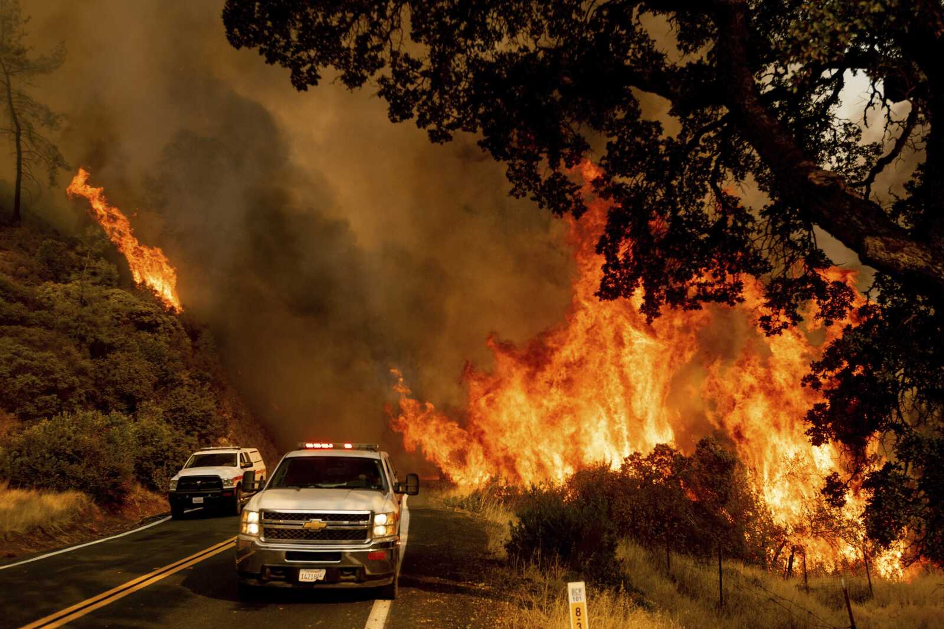 Flames from the LNU Lightning Complex fires jump Butts Canyon Rd. on Sunday, Aug. 23, 2020, as firefighters work to contain the blaze in unincorporated Lake County. The fire has killed four people, destroyed 845 structures and scorched more than 340,000 acres according to Cal Fire. (AP Photo/Noah Berger)