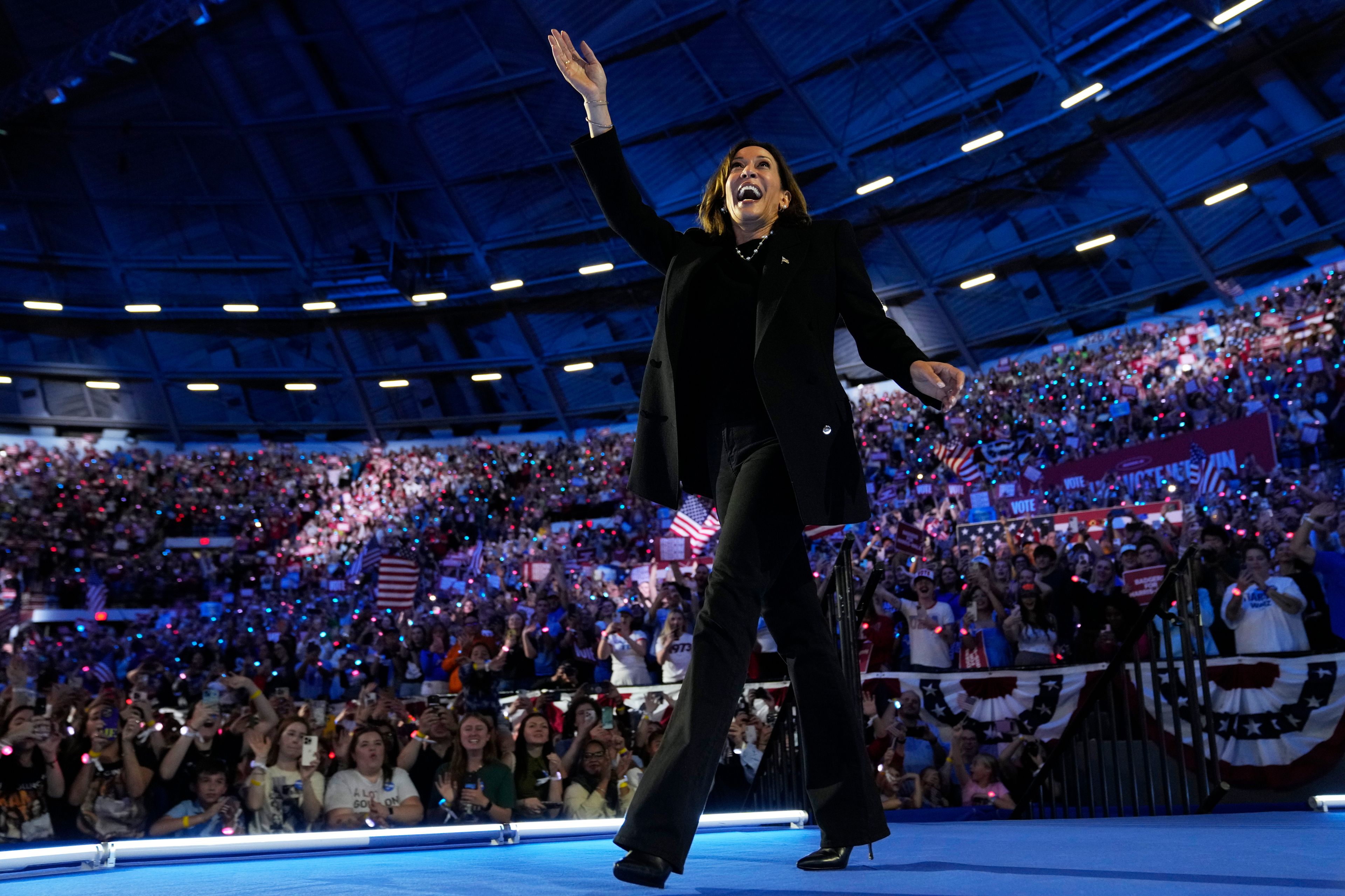 Democratic presidential nominee Vice President Kamala Harris arrives to speak during a campaign rally at the Alliant Energy Center in Madison, Wis., Wednesday, Oct. 30, 2024. (AP Photo/Jacquelyn Martin)