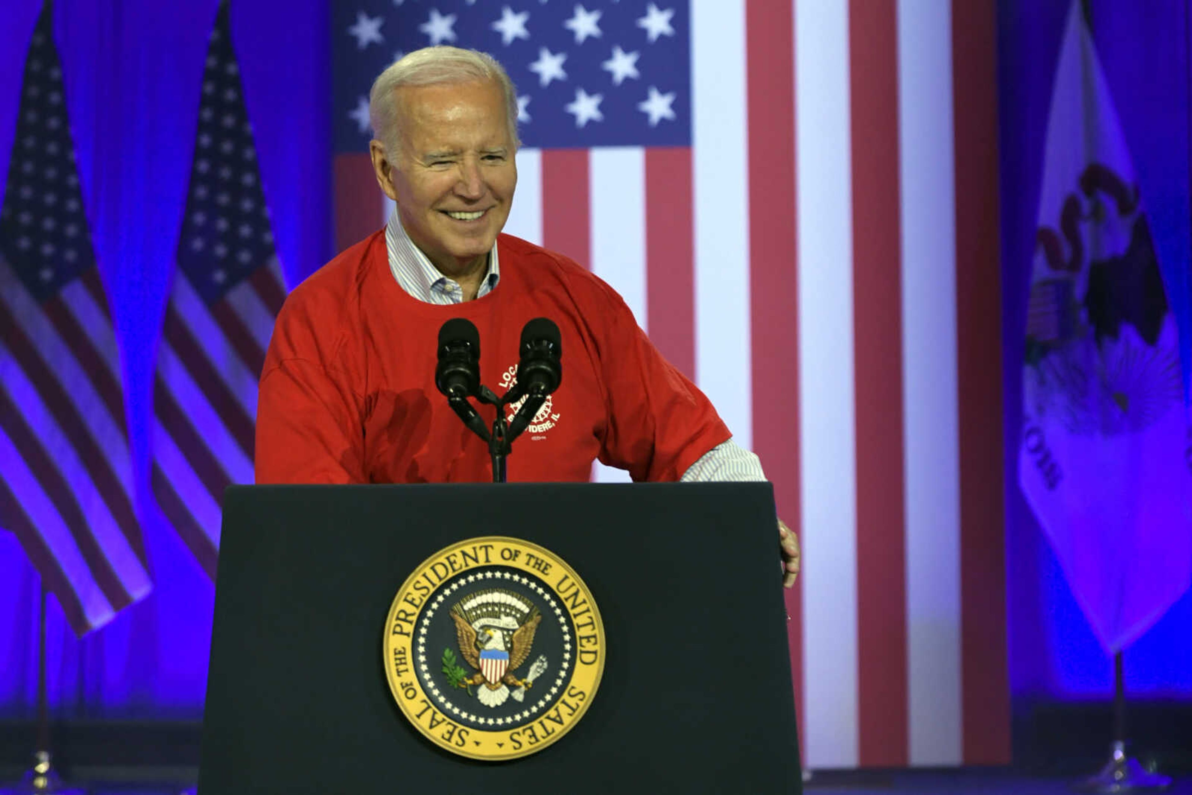 President Joe Biden speaks to United Auto Workers at the Community Building Complex of Boone County on Thursday in Belvidere, Illinois.