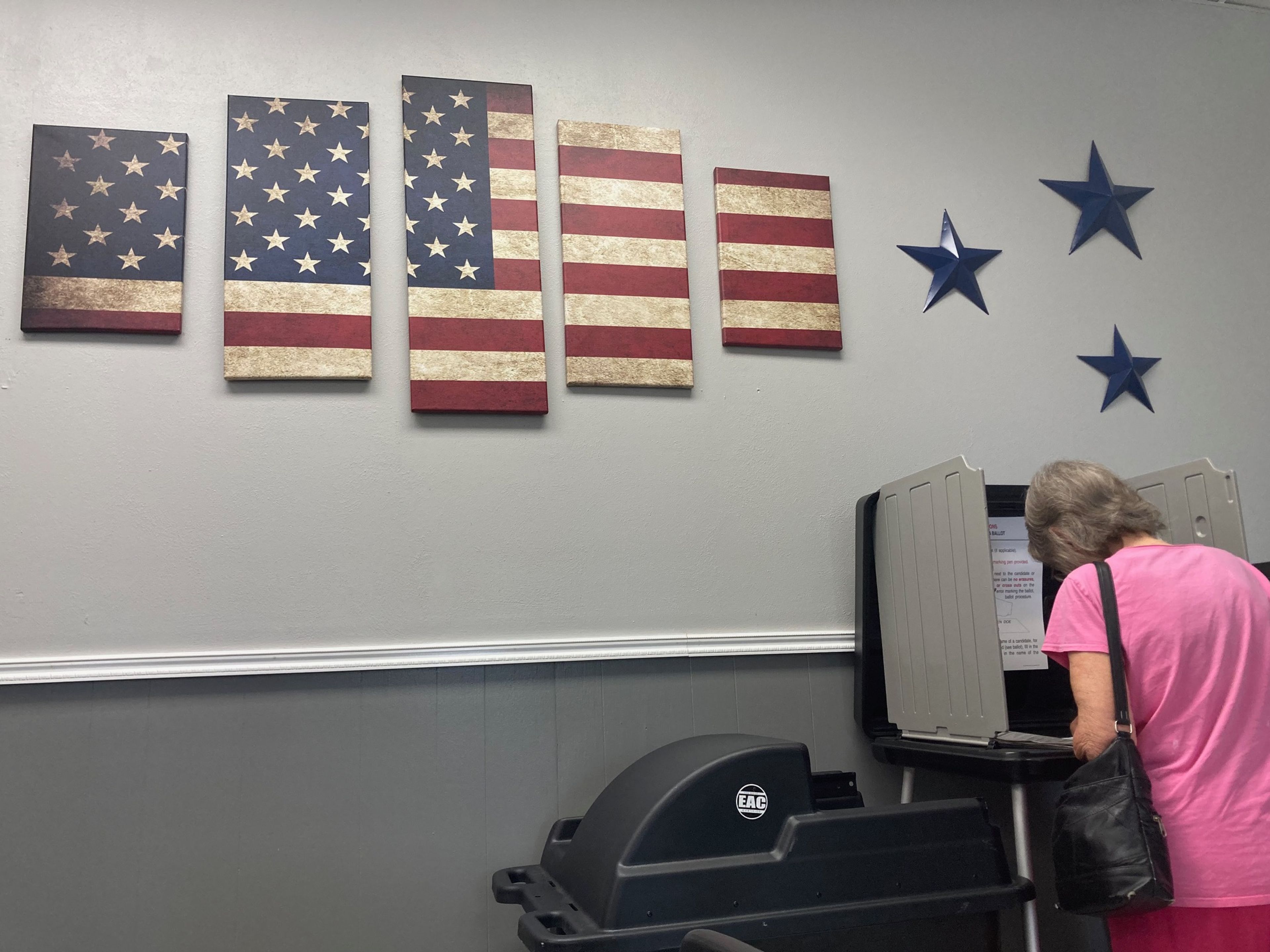 An individual votes Monday morning at the Bollinger County Courthouse in Marble Hill. Citizens could cast an absentee ballot at the courthouse ahead of the Tuesday, Aug. 6 primary.