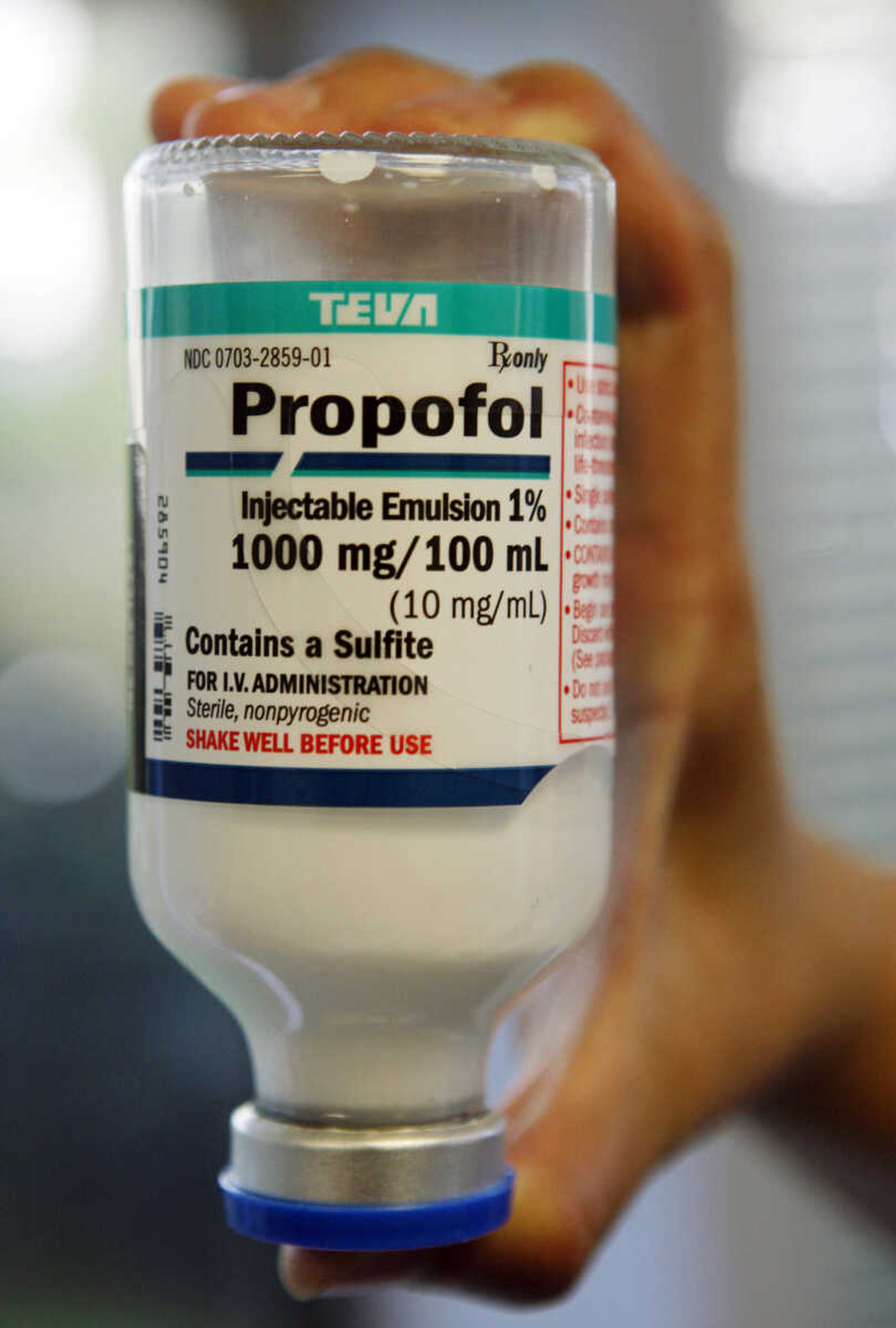 FILE - In this July 28, 2009 file photo is a bottle of the propofol, the nation's most popular anesthetic, at Good Samaritan Hospital in Los Angeles. Missouri Gov. Jay Nixon is halting the execution of convicted killer Allen Nicklasson, citing concerns about the use of propofol as an execution drug. The decision was announced Friday, Oct. 11, 2013. Nixon also ordered the Missouri Department of Corrections to come up with a different way to perform lethal injection that does not include propofol. Nicklasson's execution on Oct. 23 was scheduled to be the first-ever using propofol, the leading anesthetic used in America's hospitals in clinics. (AP Photo/Richard Vogel, File)