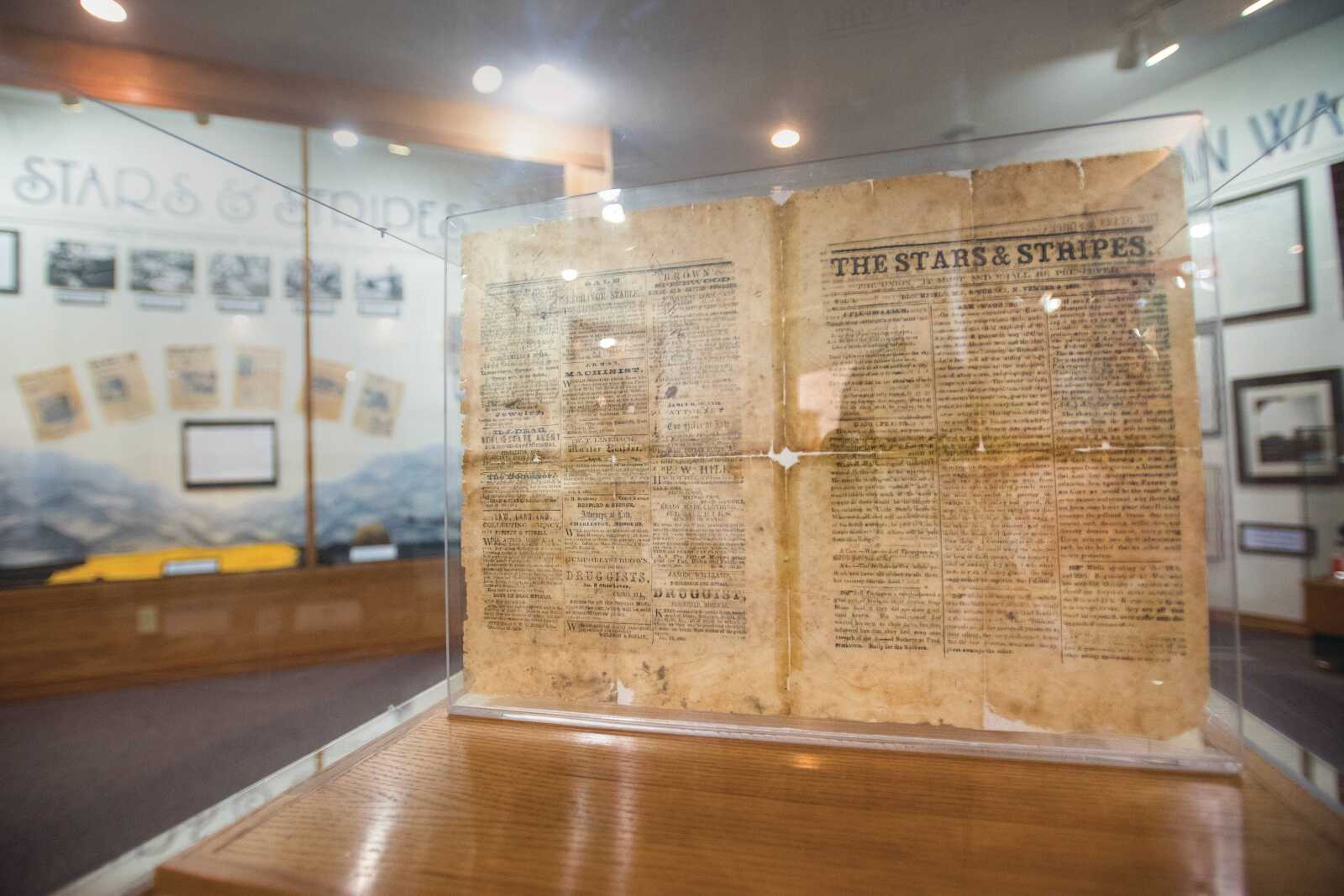 One of three original copies of the Stars and Stripes military newspaper sits on display at the National Stars and Stripe Museum and Library. The inaugural issue was printed Saturday, Nov. 9, 1861, in Bloomfield.