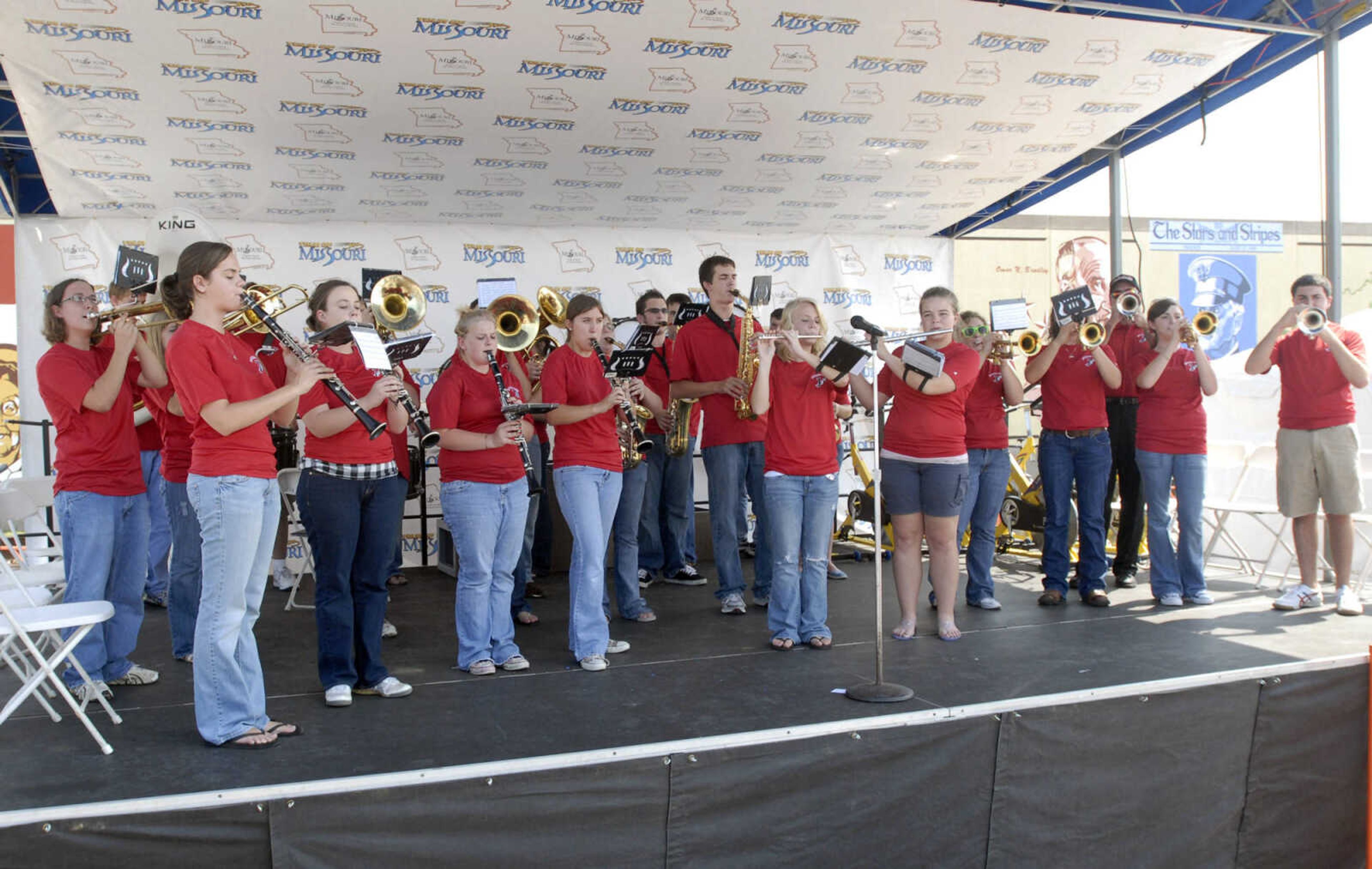 Members of the Jackson High School band entertained Tuesday prior to the finish of the Tour of Missouri.