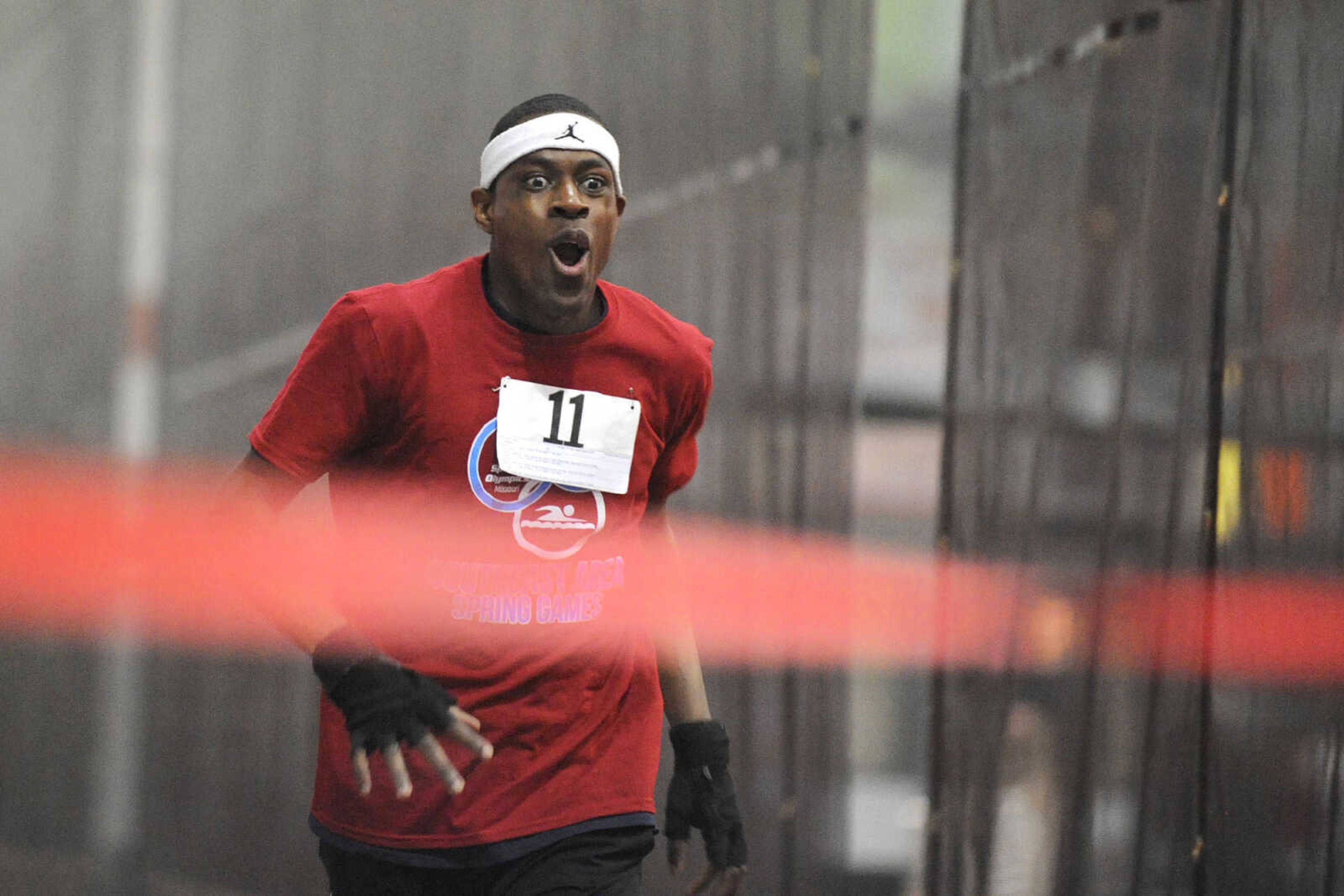 GLENN LANDBERG ~ glandberg@semissourian.com

Derrick Liddell makes the final push for a first place finish in the 400-meter race during the Missouri Special Olympics Southeast Area Spring Games Saturday, April 11, 2015 at the Student Recreation Center of Southeast Missouri State University.