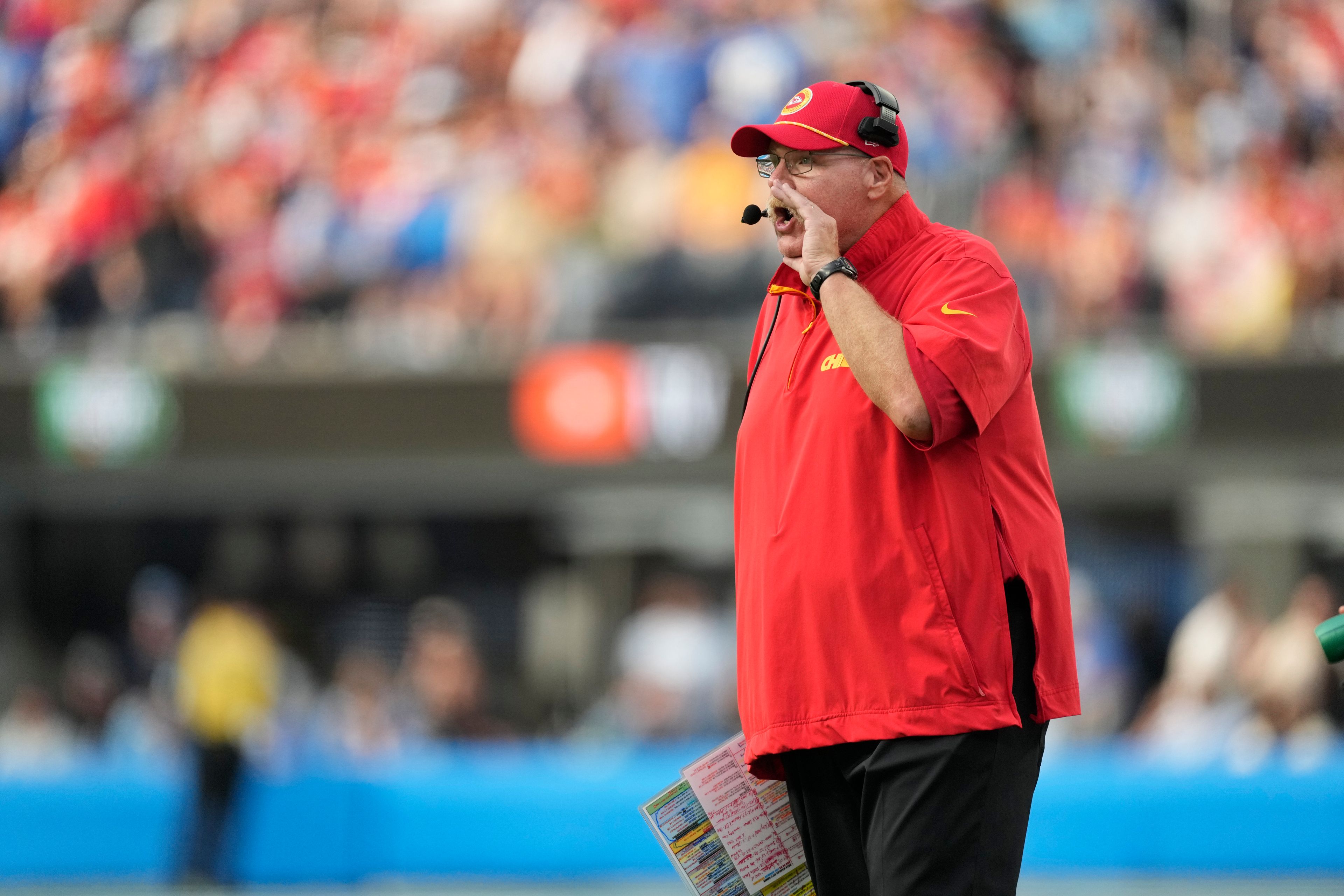 Kansas City Chiefs head coach Andy Reid yells from the sideline during the second half of an NFL football game against the Los Angeles Chargers Sunday, Sept. 29, 2024, in Inglewood, Calif. (AP Photo/Ashley Landis)