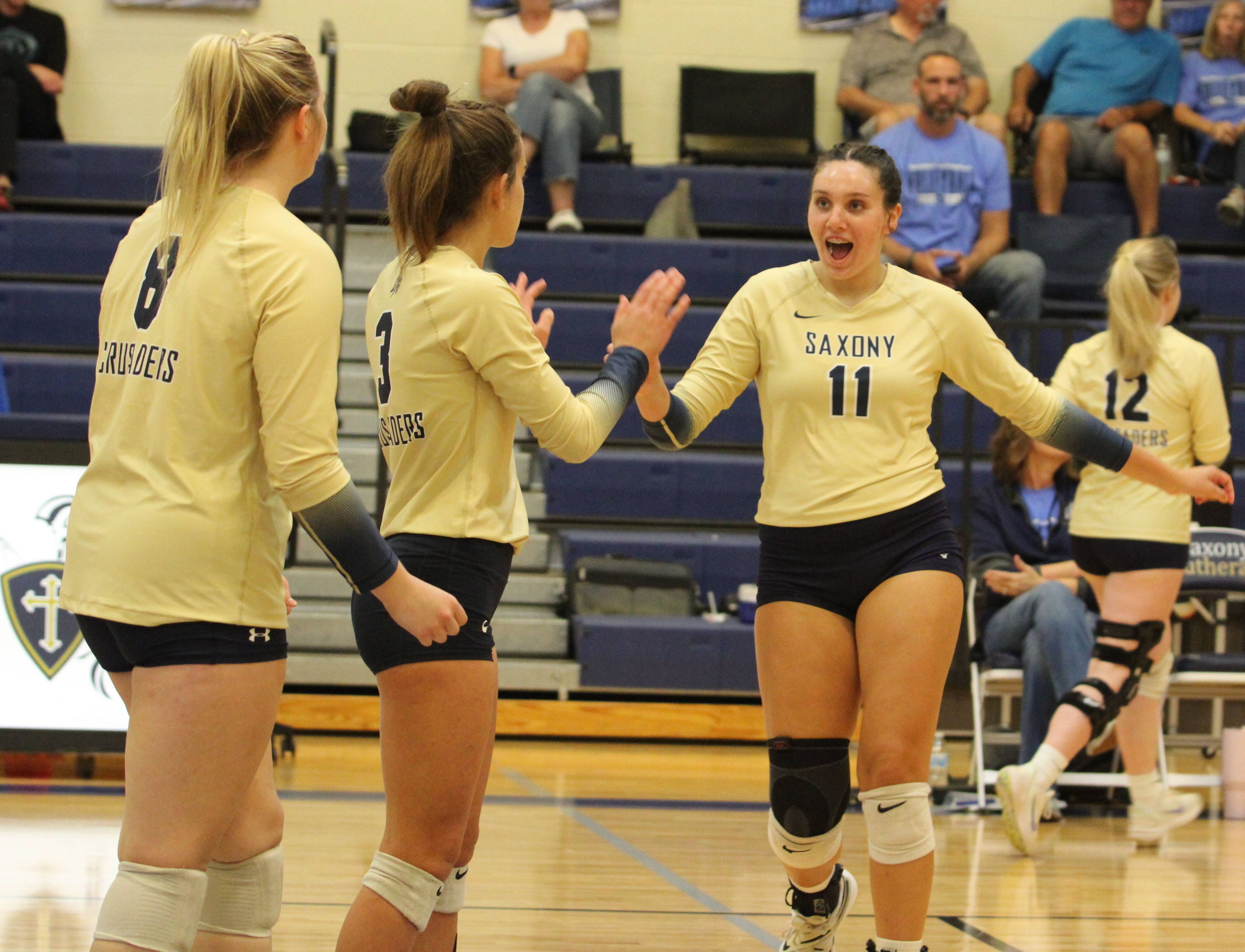 Saxony players take the court at the start of the September 23 game between the Crusaders and Oak Ridge.