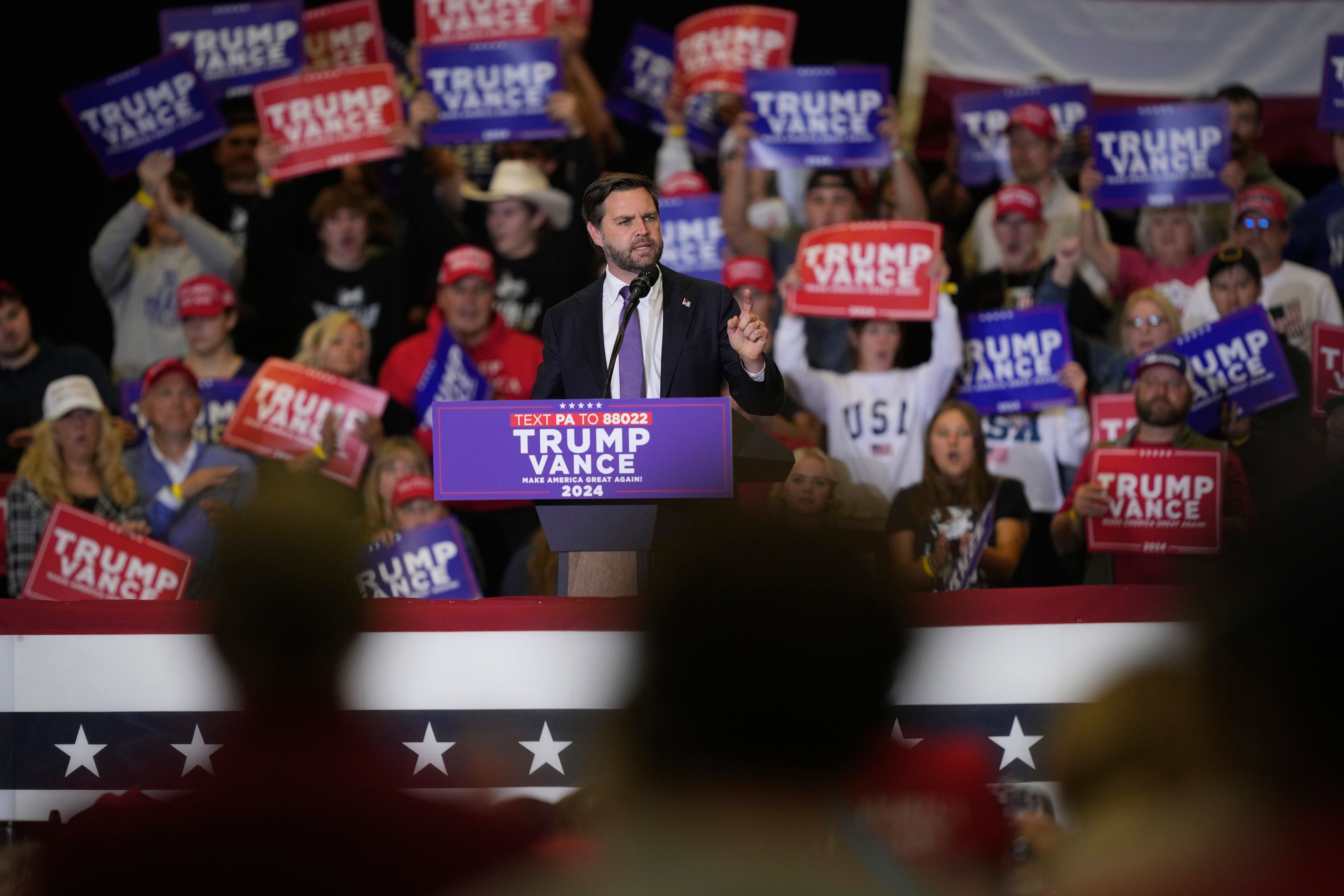 Republican vice presidential nominee Sen. JD Vance, R-Ohio, speaks during a campaign event, Wednesday, Oct. 16, 2024, in Williamsport, Pa. (AP Photo/Matt Rourke)