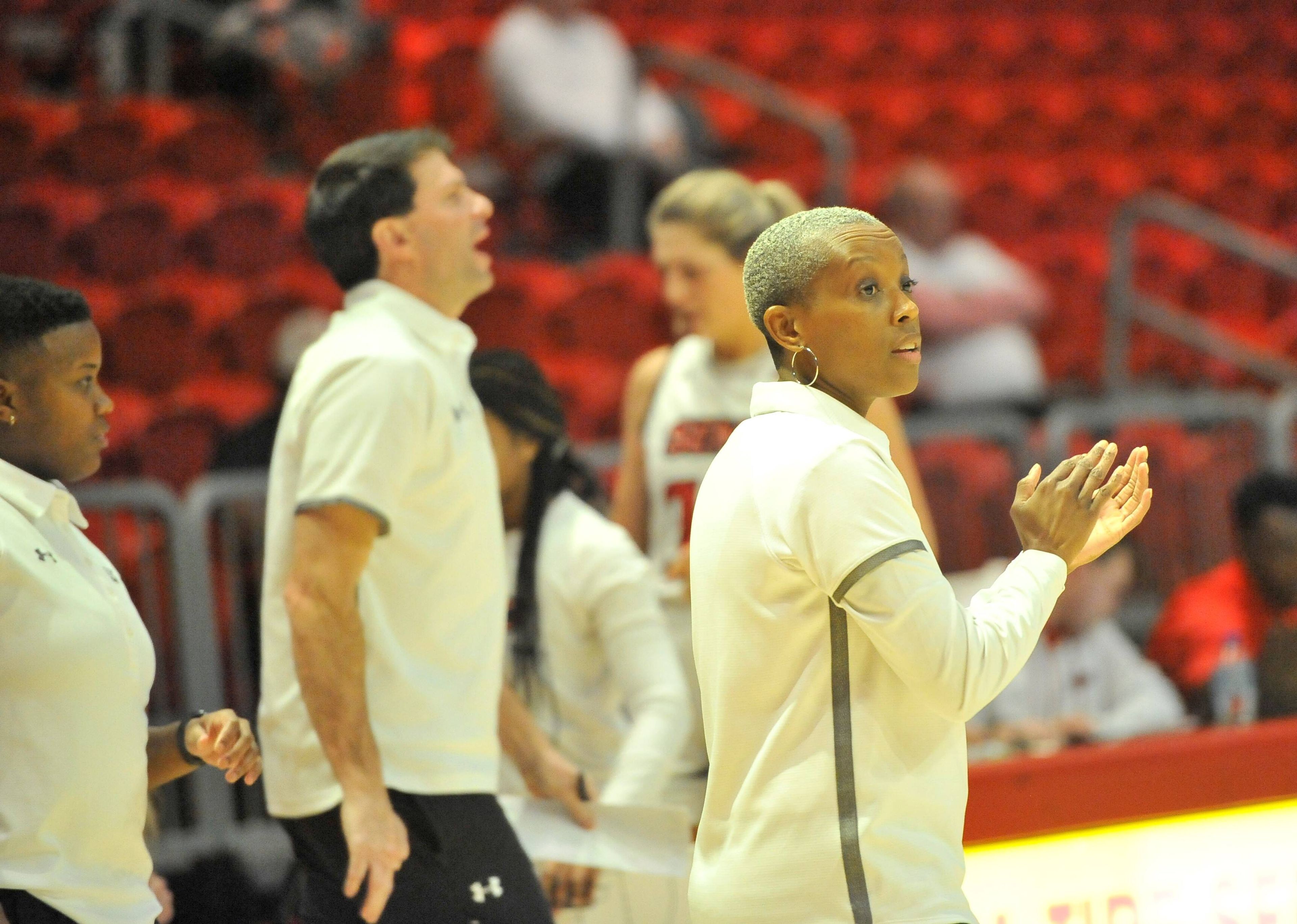 Southeast Missouri State women’s basketball coach Rekha Patterson cheers on her team against Morehead State on January 27, 2022, at the Show Me Center in Cape Girardeau. 