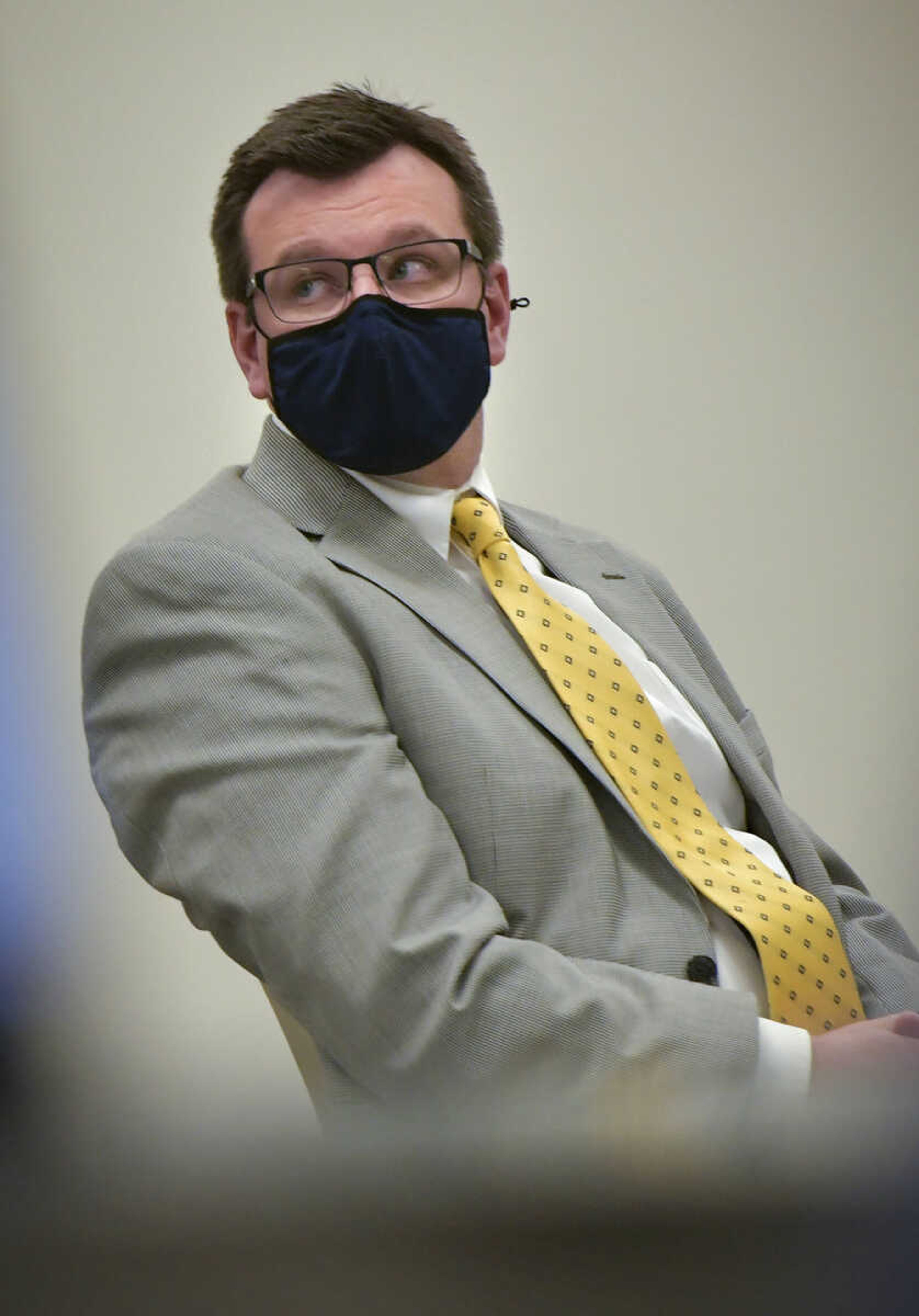 Cape Girardeau County Prosecuting Attorney Mark Welker listens as members of the public address the Cape Girardeau County Public Health Center Board of Trustees during a meeting Tuesday, July 28, 2020, at the Osage Centre in Cape Girardeau.