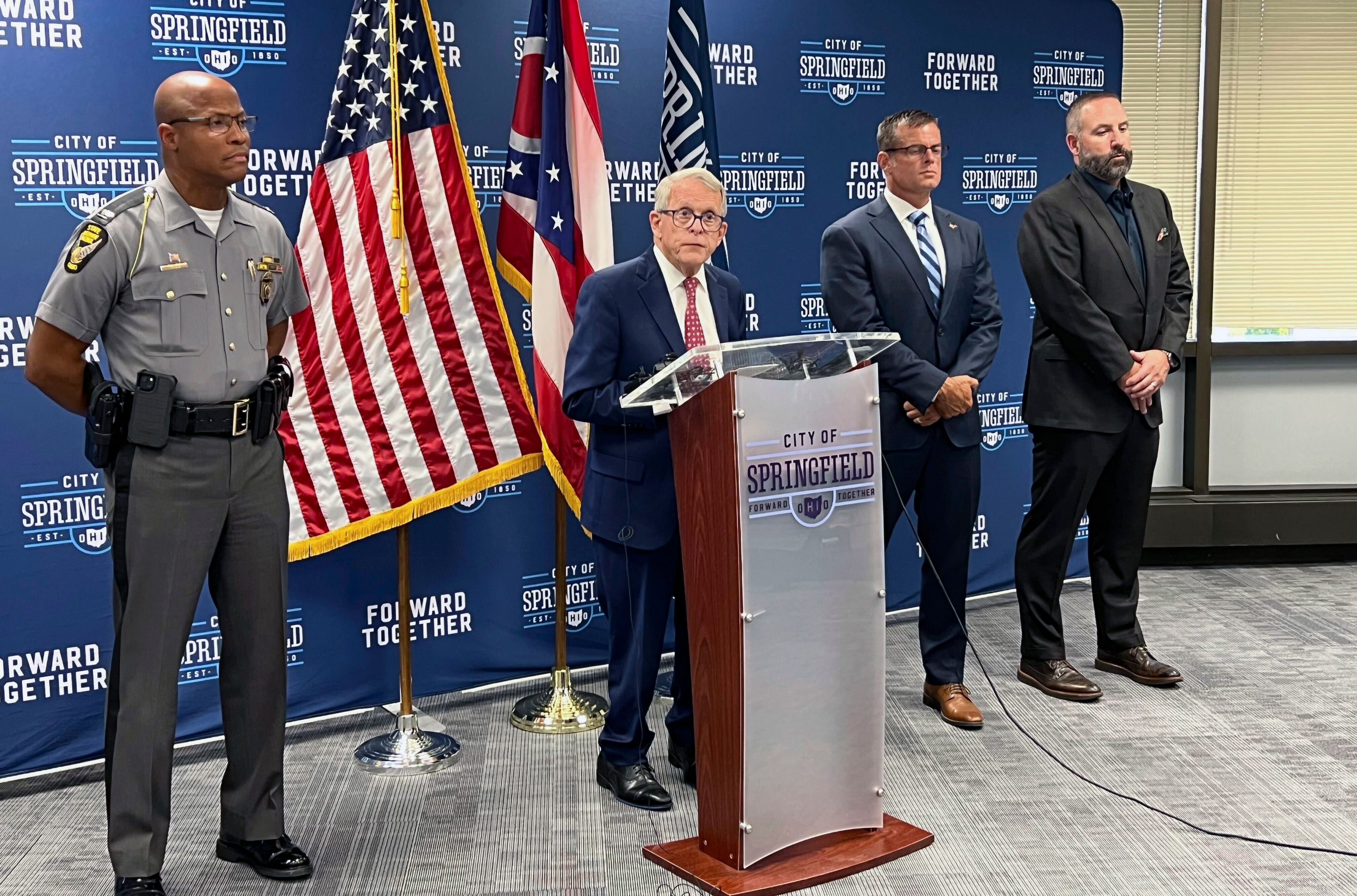 Republican Ohio Gov. Mike DeWine holds a news conference Monday, Sept. 16, 2024, at city hall in Springfield, Ohio, (AP Photo/Patrick Aftoora Orsagos)