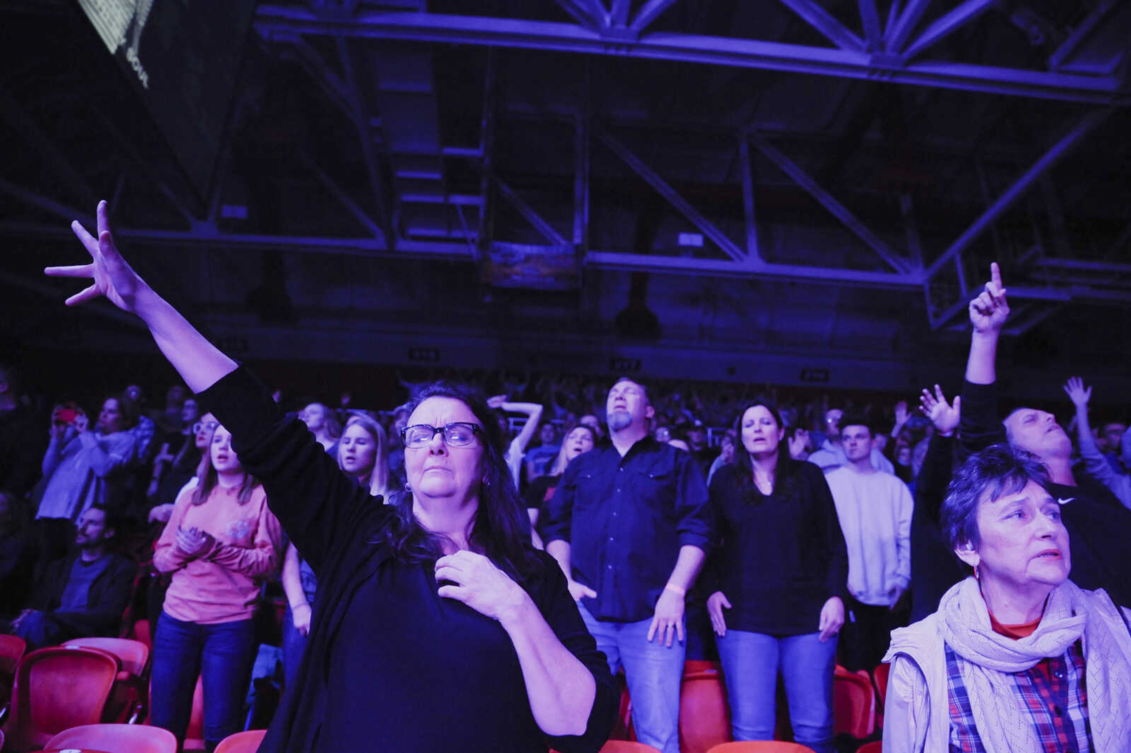 Concert goers react to the music during The Roadshow on Thursday, Feb. 22, 2018, held at the Show Me Center in Cape Girardeau.