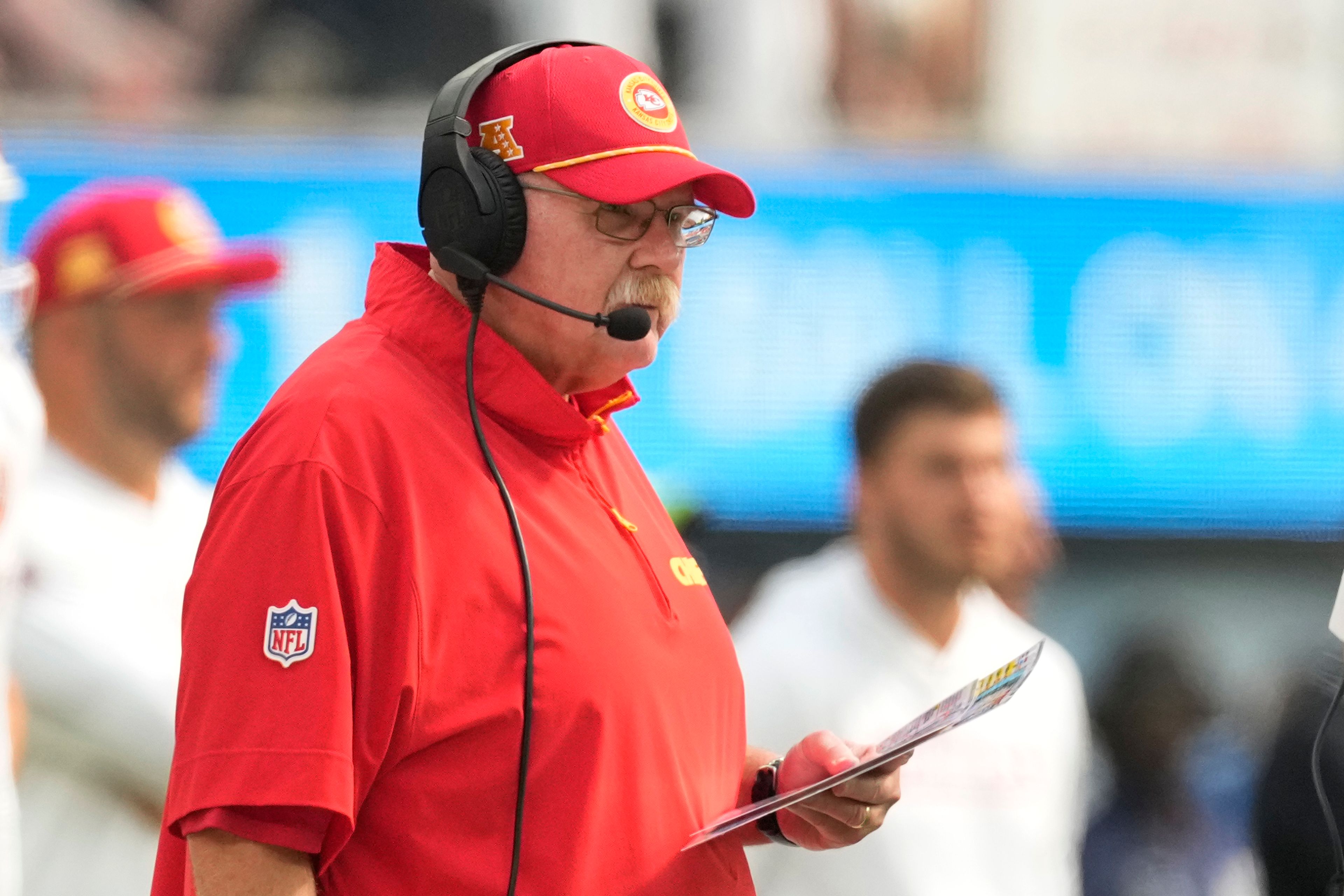 Kansas City Chiefs head coach Andy Reid watches from the sidelines during the first half of an NFL football game against the Los Angeles Chargers Sunday, Sept. 29, 2024, in Inglewood, Calif. (AP Photo/Ashley Landis)