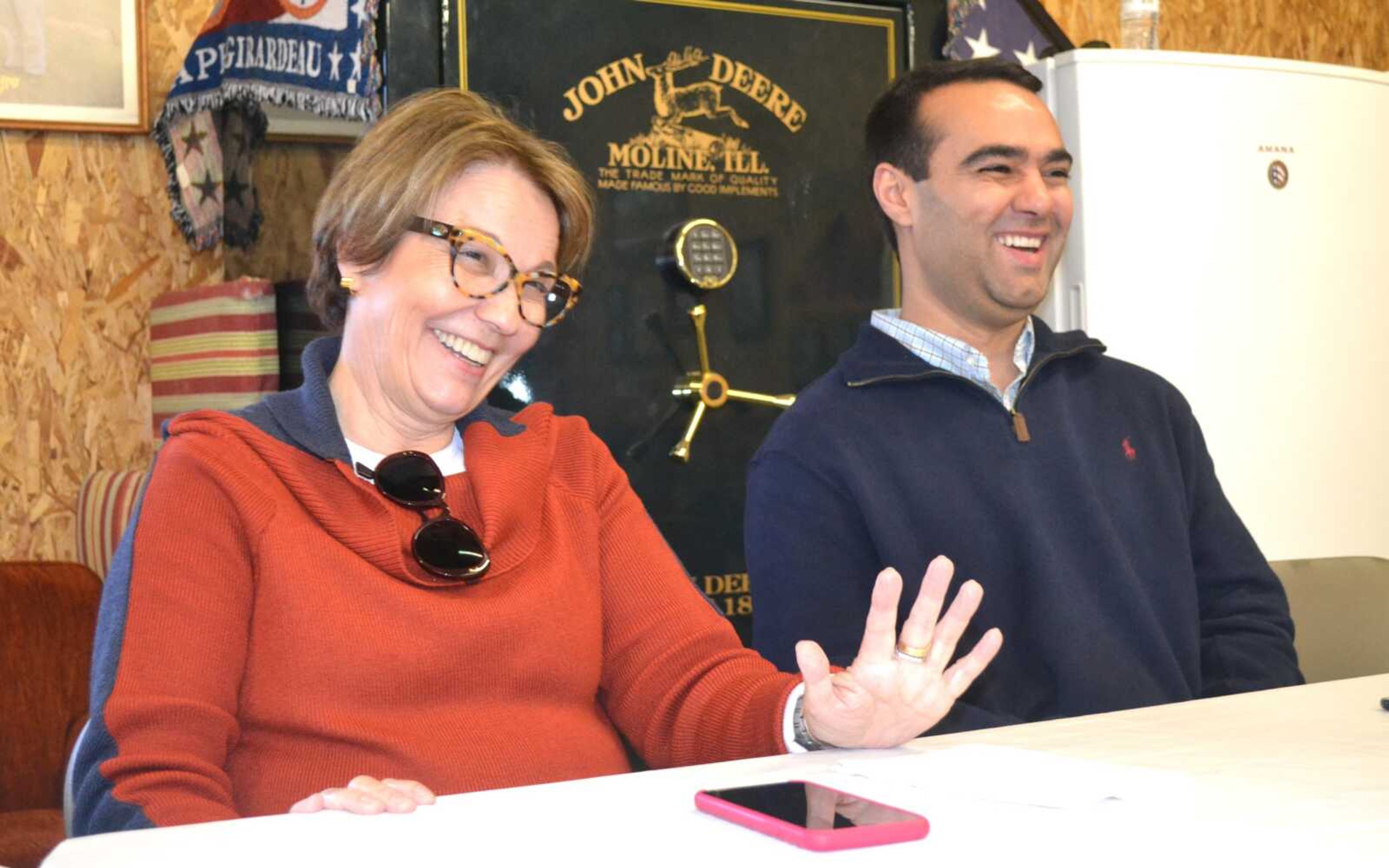 Tereza Cristina Dias, Brazil’s minister of agriculture, left, and her son-in-law, Guilherme Esteves of Cape Girardeau attend a lunch Monday with a group of area farmers near Kelso, Missouri.