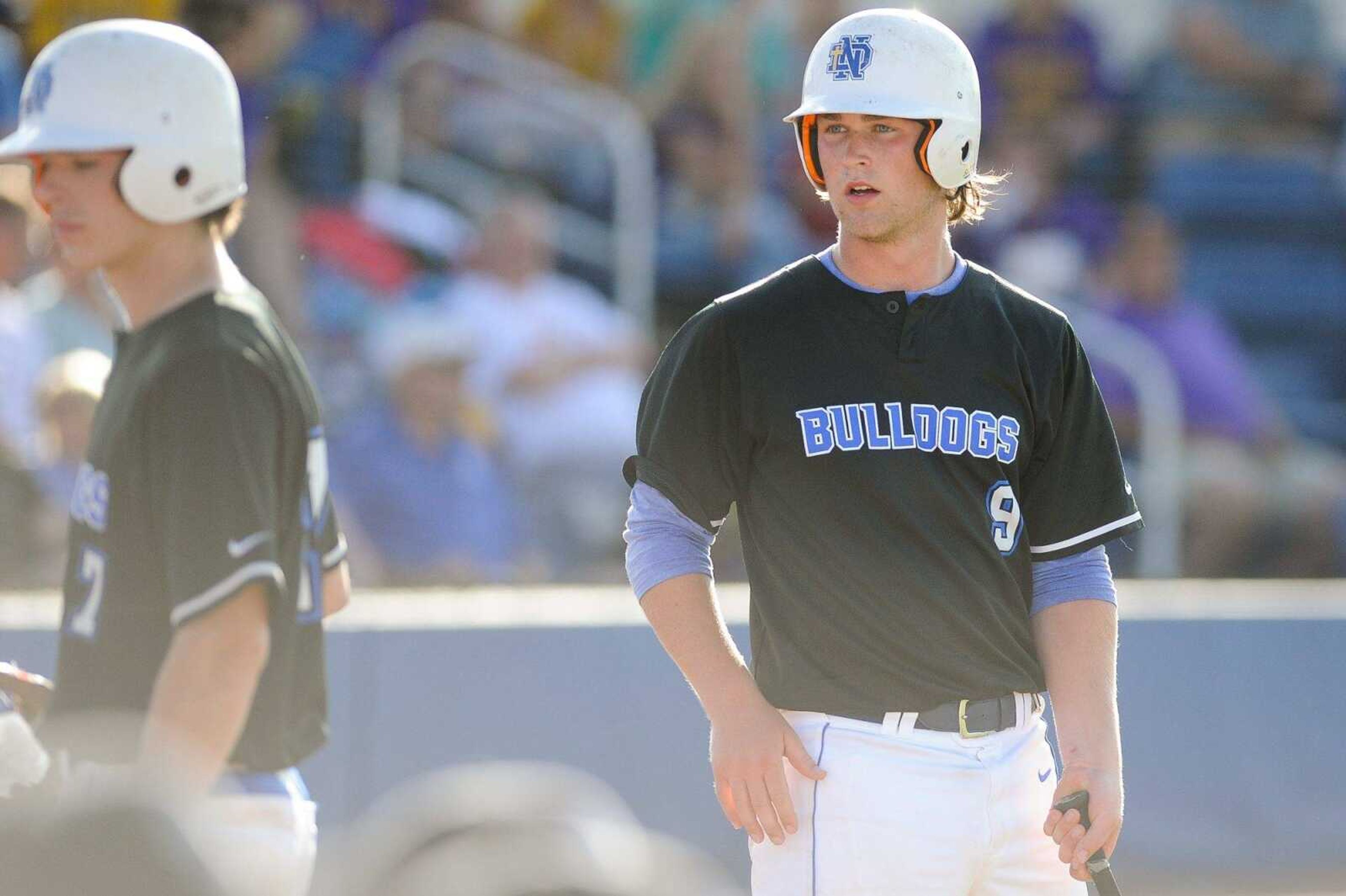 Notre Dame's Christian Job looks to the dugout before batting in the fifth inning against Potosi during a Class 4 sectional Tuesday, May 26, 2015 at Notre Dame Regional High School. (Glenn Landberg)