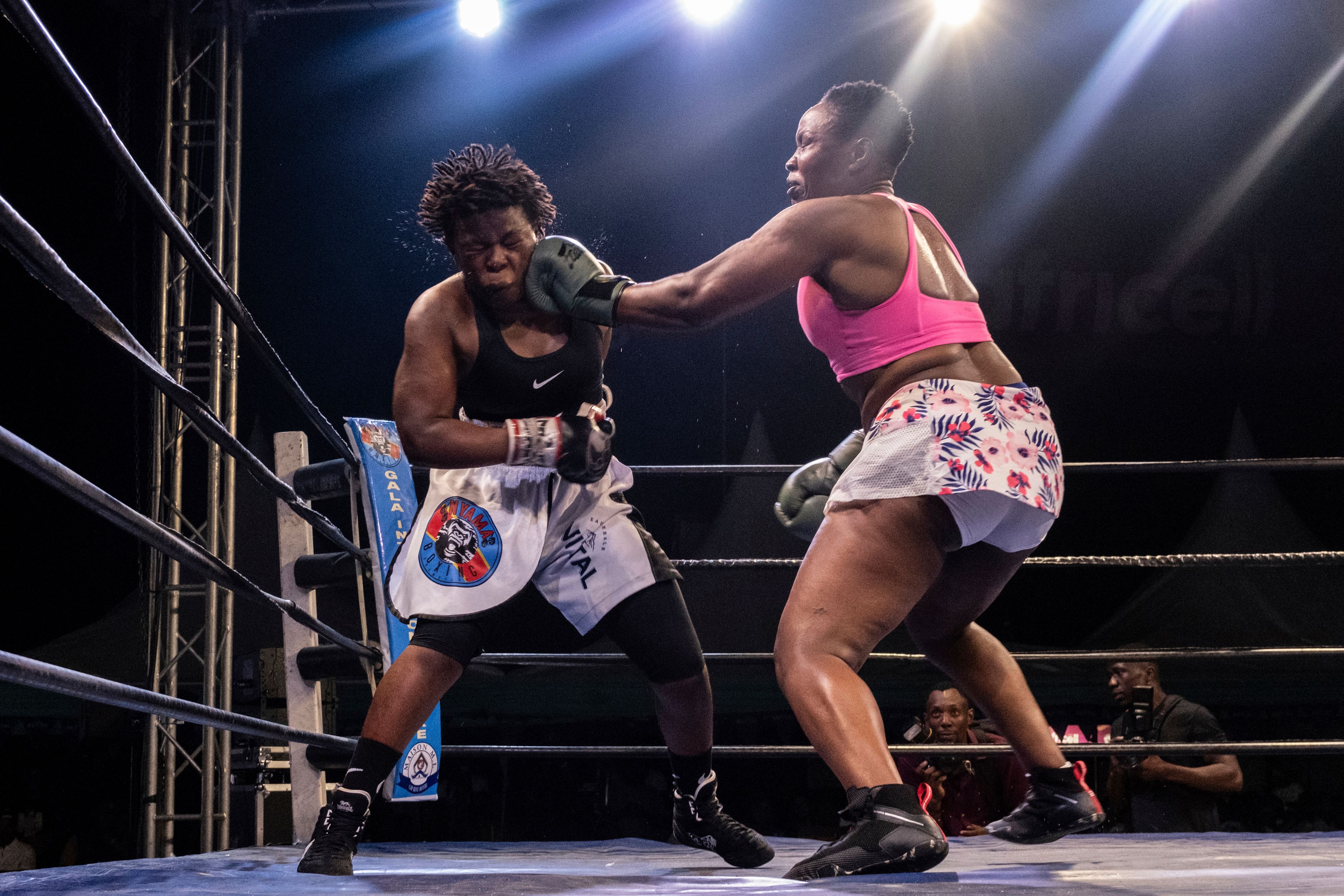 Daniella Mulekets, 20, fight in her first professional boxing match against Kenyan Charity Mukami in Goma, Democratic republic of the Congo, Oct. 26 2024, on the 50th anniversary of the "Rumble in the Jungle" fight between Muhammad Ali and George Foreman in Kinshasa. (AP Photo/Moses Sawasawa)