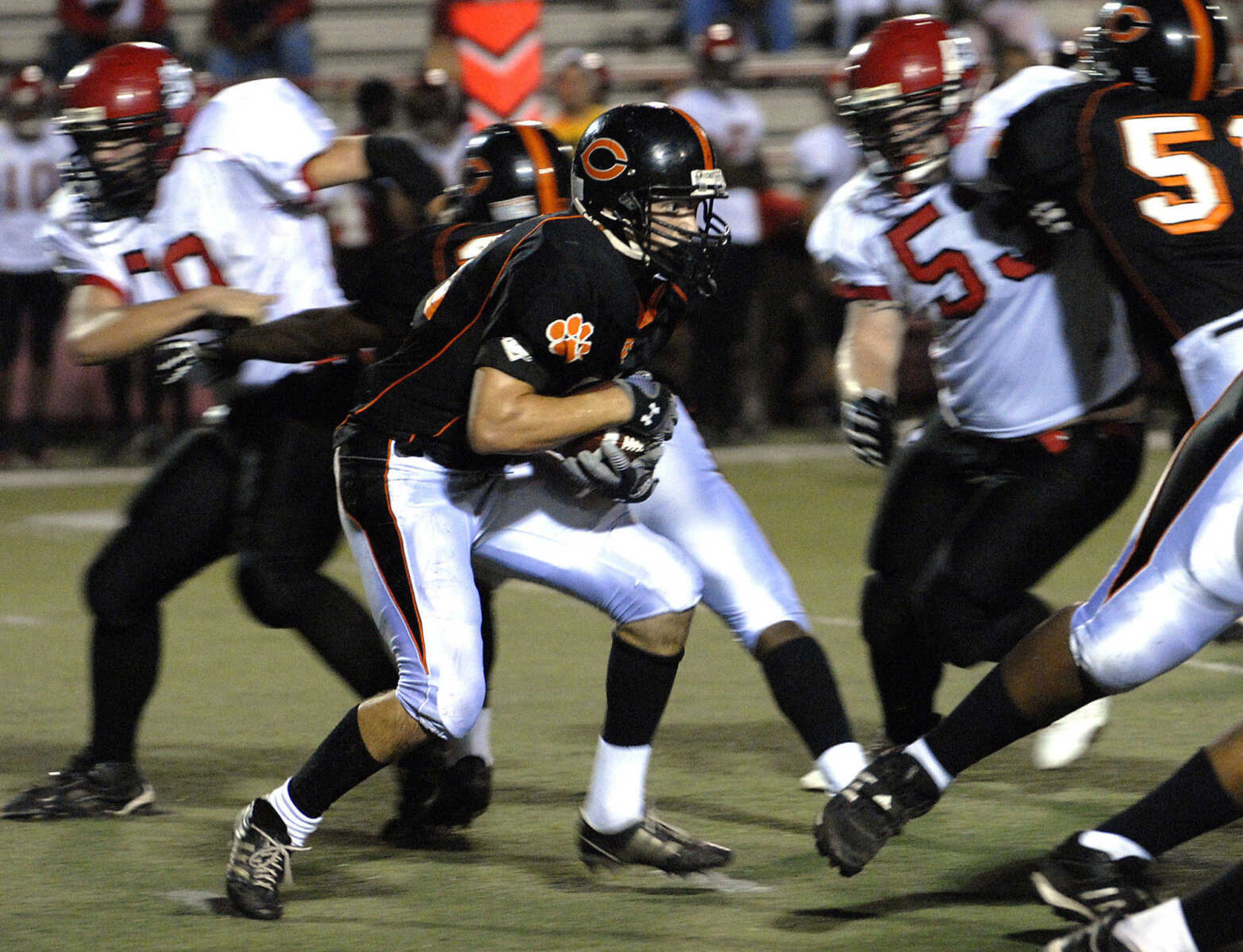 FRED LYNCH ~ flynch@semissourian.com
Central's Ray Woldtvedt carries against Sikeston during the first quarter Thursday at Houck Stadium.