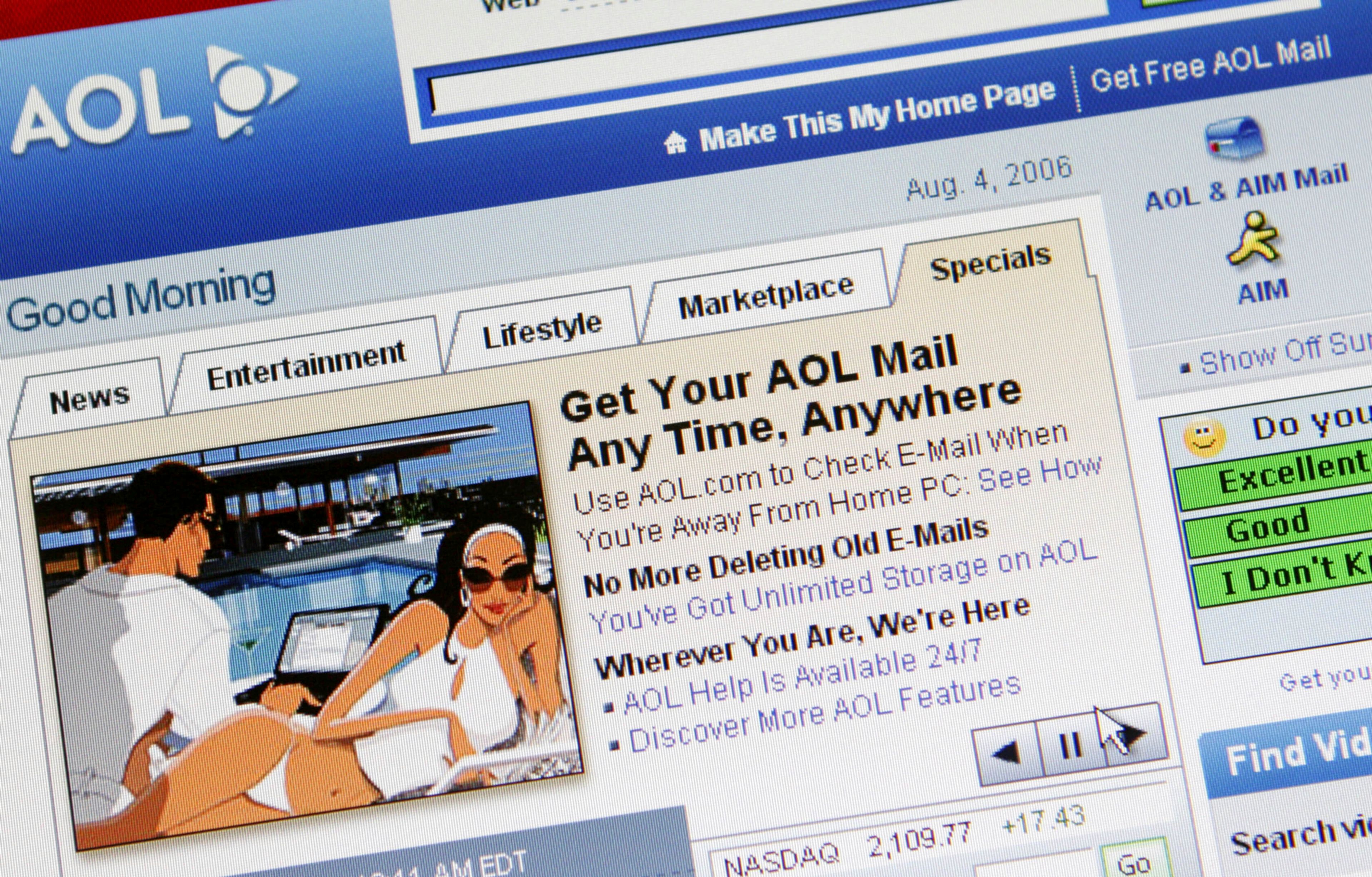 FILE - AOL's home page is shown on a computer screen, Aug. 4, 2006, in New York. (AP Photo/Mark Lennihan, File)