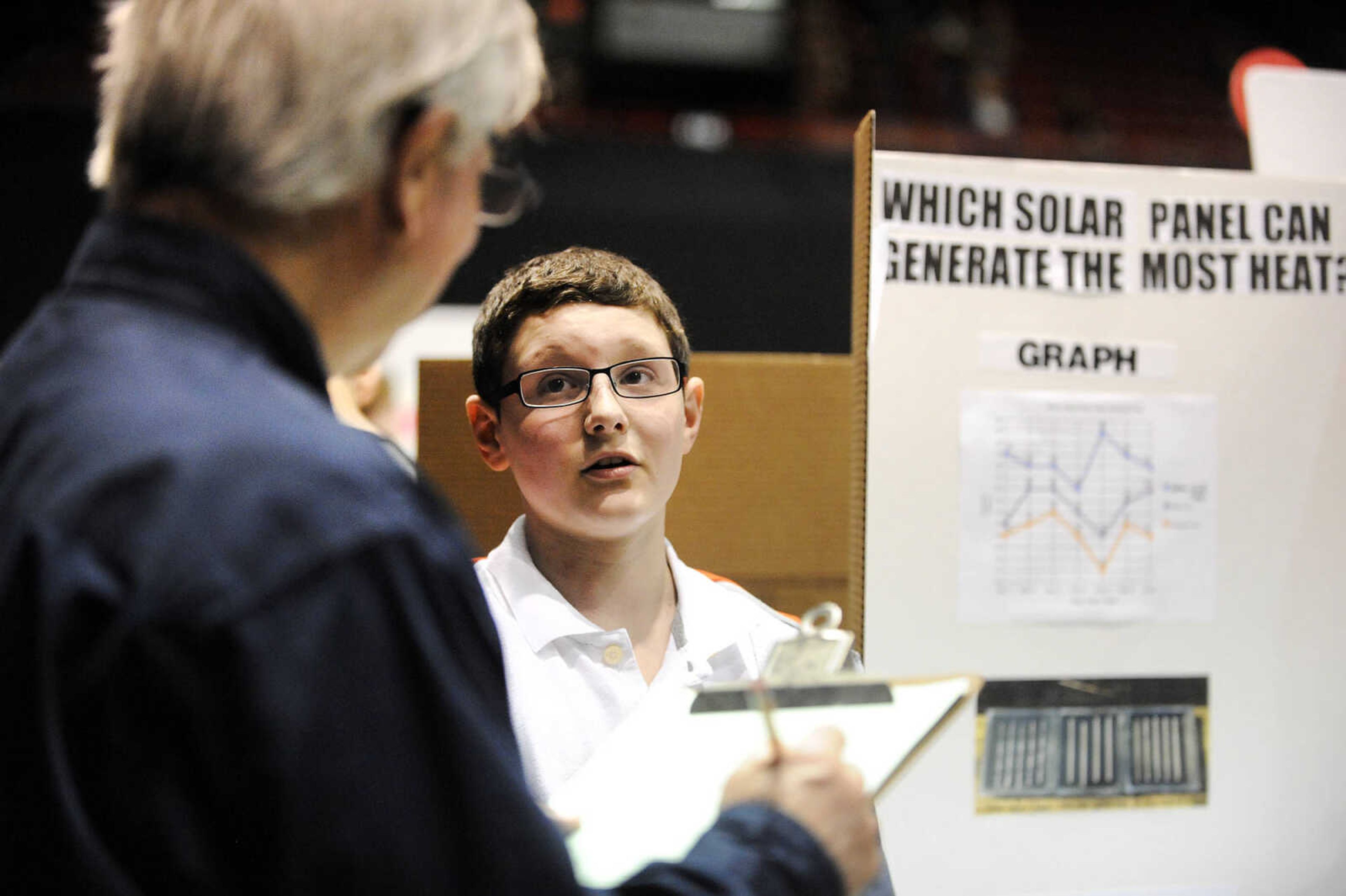 LAURA SIMON ~ lsimon@semissourian.com

Gavin Craig from Perryville discusses his science fair project with a judge, Tom Howard, Tuesday, March 8, 2016, during the 2016 Southeast Missouri Regional Science Fair at the Show Me Center.