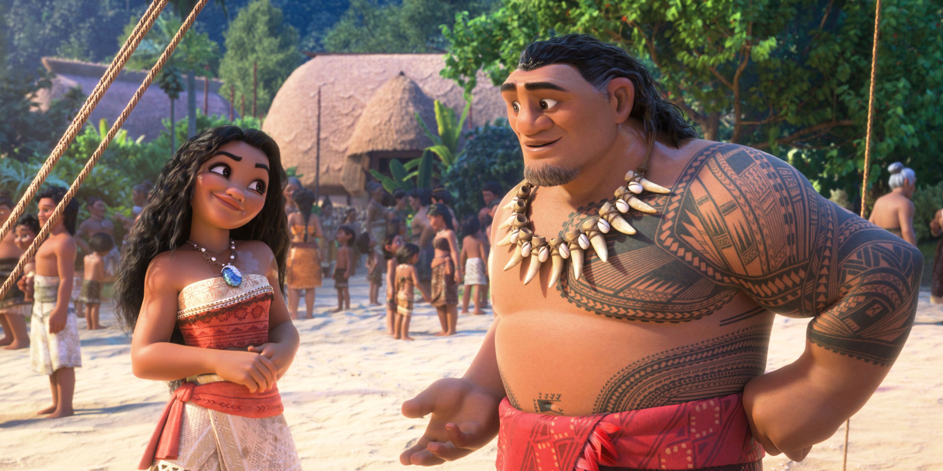 This image released by Disney shows the characters Moana, voiced by Auli'i Cravalho, left, and Chief Tui, voiced by Temuera Morrison, in a scene from "Moana 2." (Disney via AP)