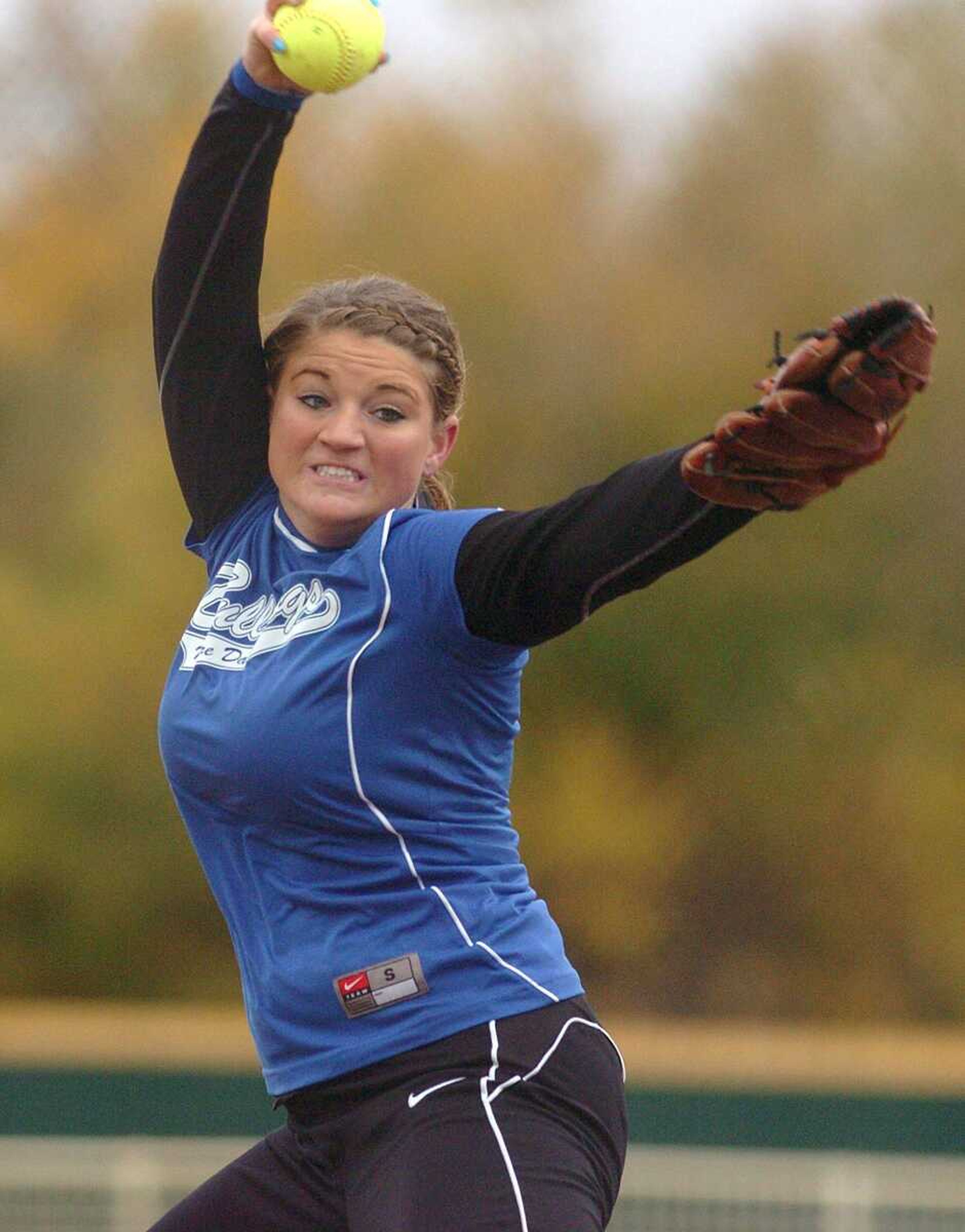 Lauren Reinagel pitches for Notre Dame in the Class 3 state championship game in 2010. Reinagel, who threw a perfect game in the title contest, has signed a letter of intent to play softball at Southeast Missouri State University. (Southeast Missourian file)