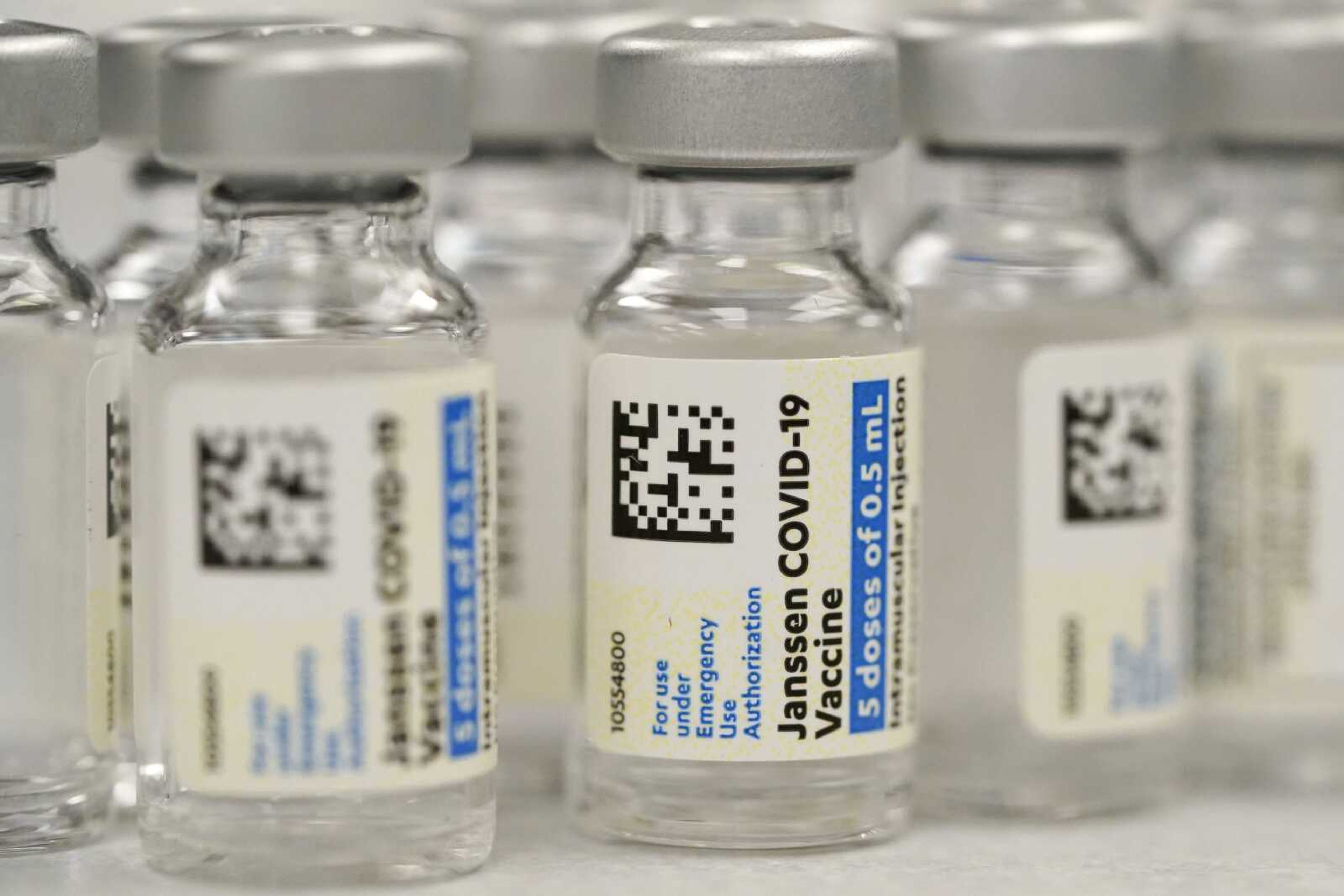 Vials of Johnson & Johnson COVID-19 vaccine at a pharmacy March 6 in Denver.