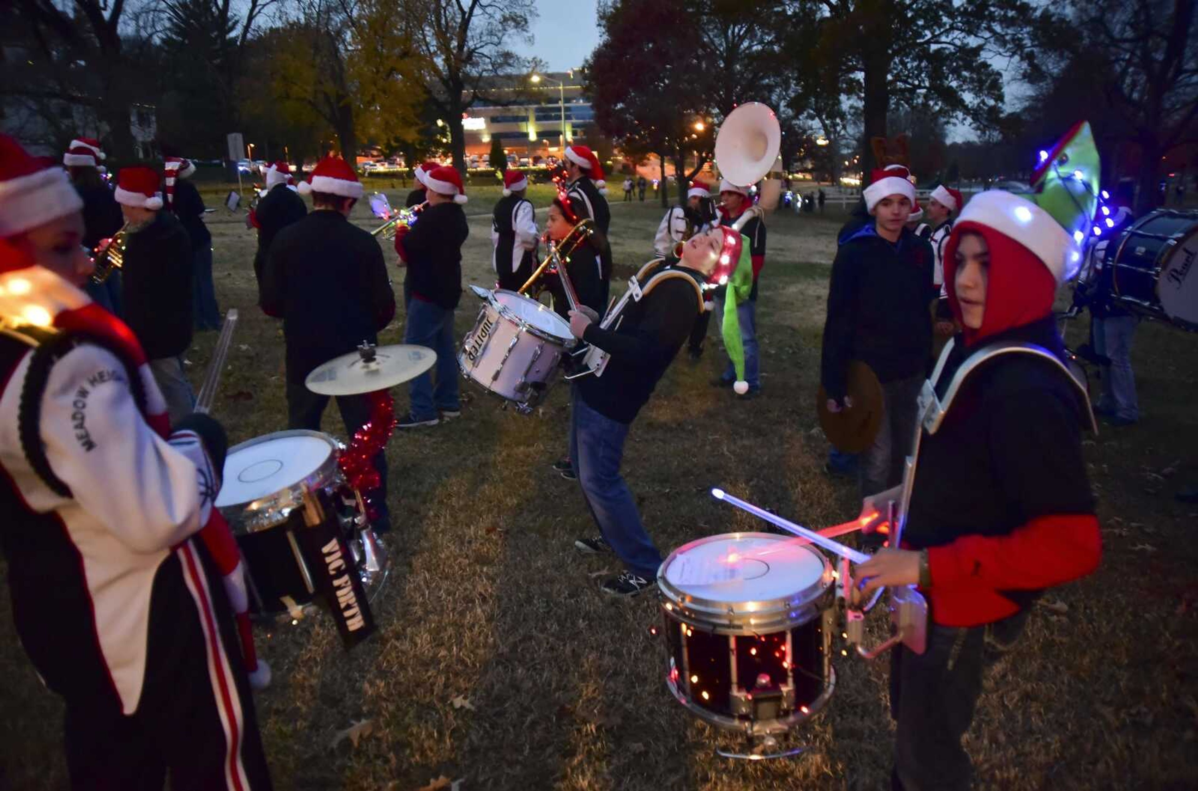 Meadow Heights marching band warm up before the 25 Years of Lights on Parade in 2016 in Cape Girardeau.