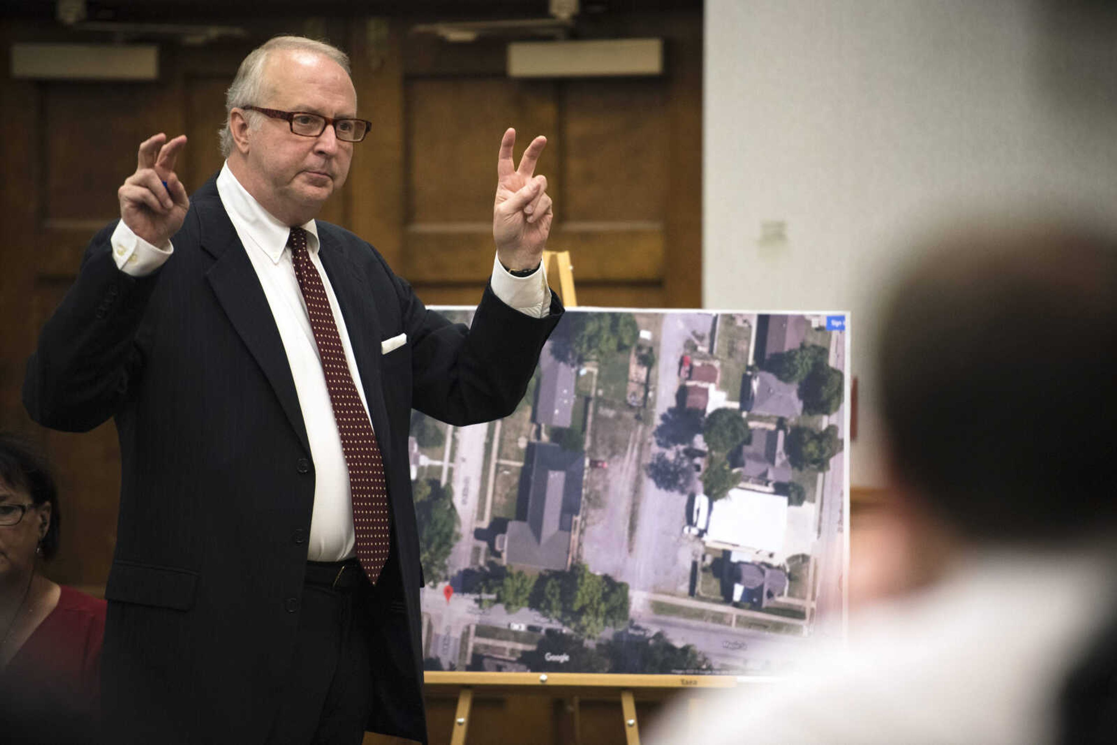 Cape Girardeau attorney Ron Garms, representing River Valley Banquet Center owner Ricky Werner, speaks to the Liquor License Review Board during an appeal hearing Monday Cape Girardeau City Hall.