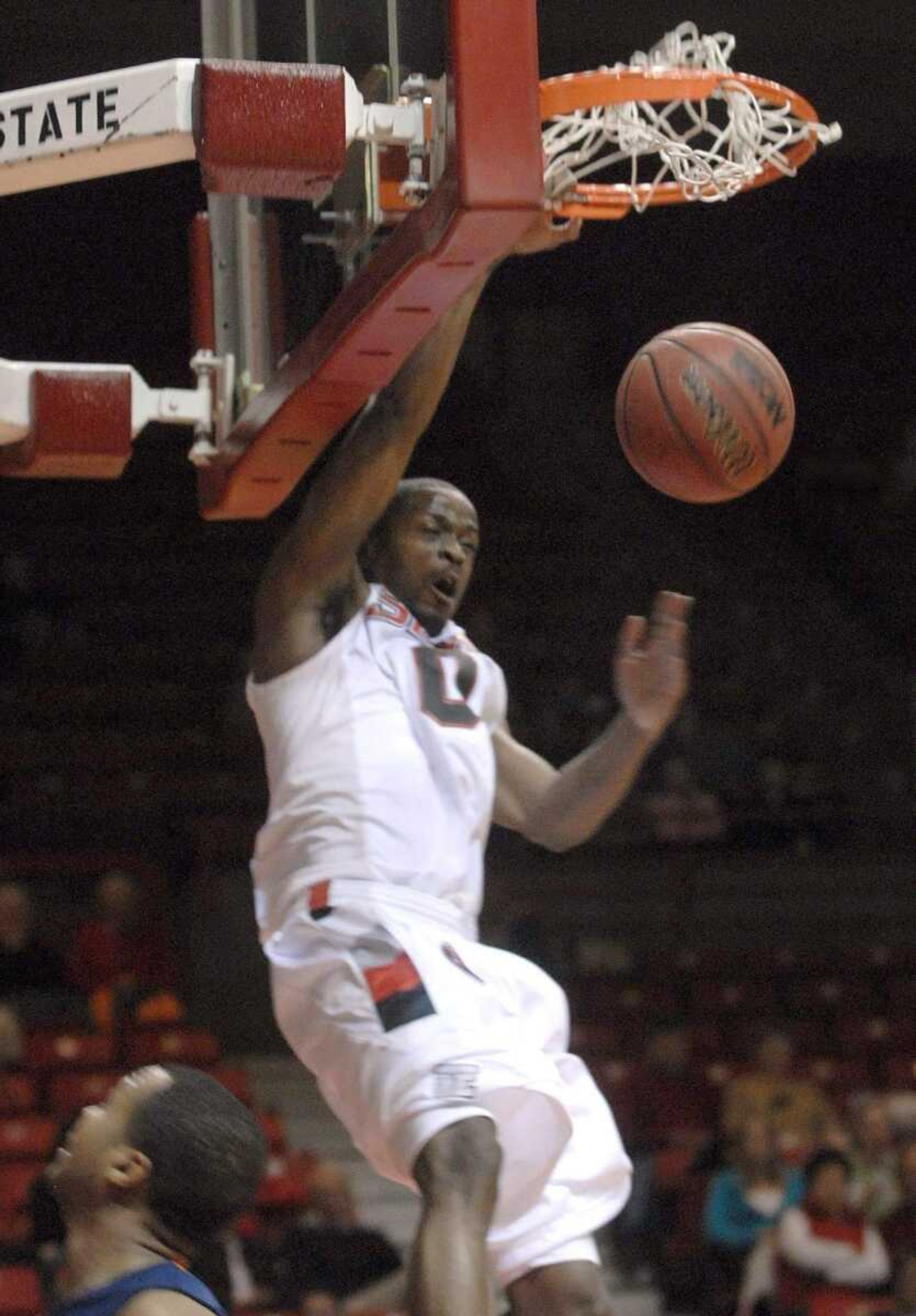 FRED LYNCH ~ flynch@semissourian.comSoutheast Missouri State's Kenard Moore slam dunks against Tennessee-Martin in the second half Monday at the Show Me Center.