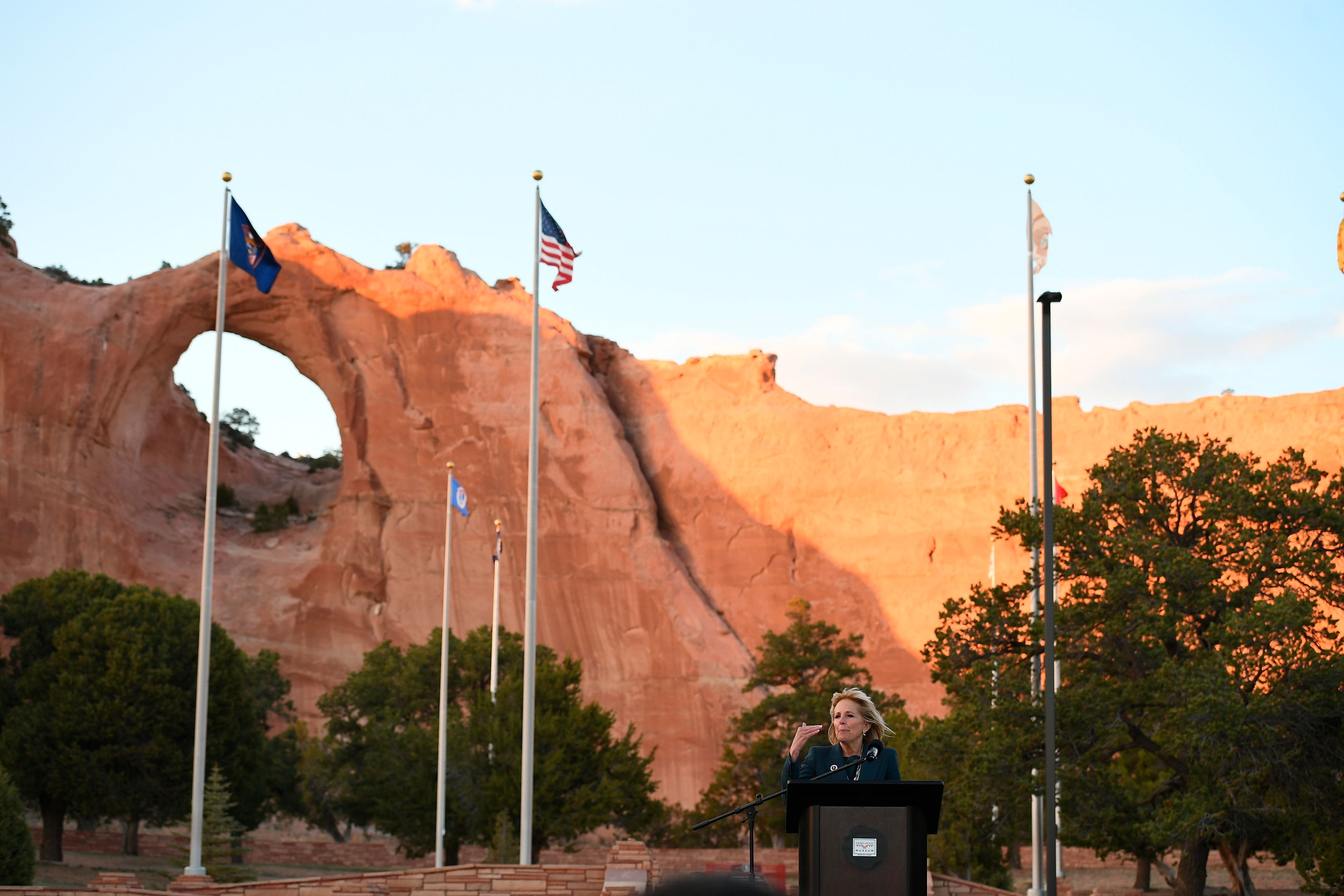 FILE - First lady Jill Biden speaks during a live radio address to the Navajo Nation at the Window Rock Navajo Tribal Park & Veterans Memorial in Window Rock, Ariz., on Thursday, April 22, 2021.(Mandel Ngan/Pool via AP, File)