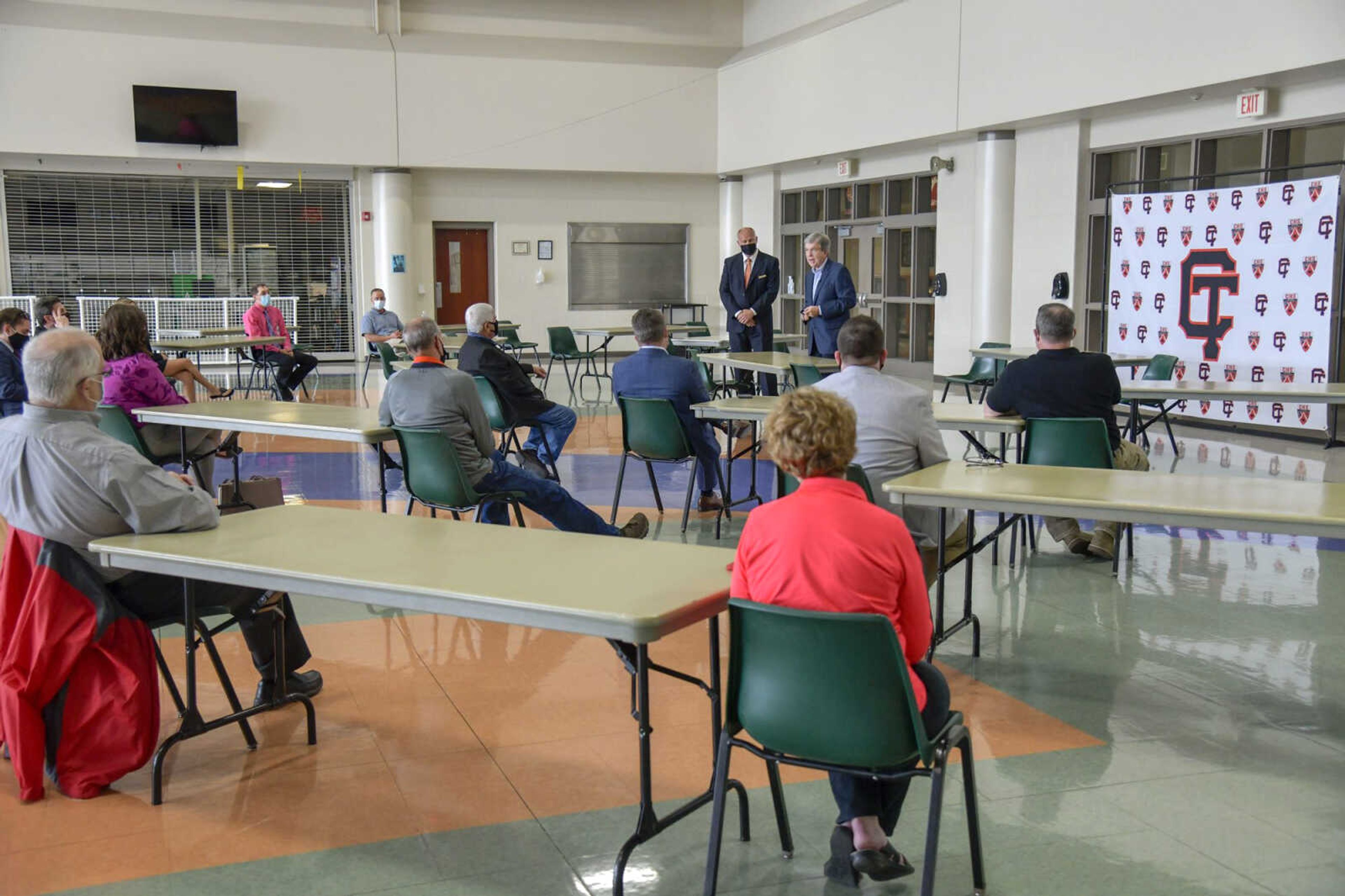 U.S. Sen. Roy Blunt, right, speaks during a discussion about school operations during the pandemic, Wednesday at Cape Girardeau Central High School in Cape Girardeau.