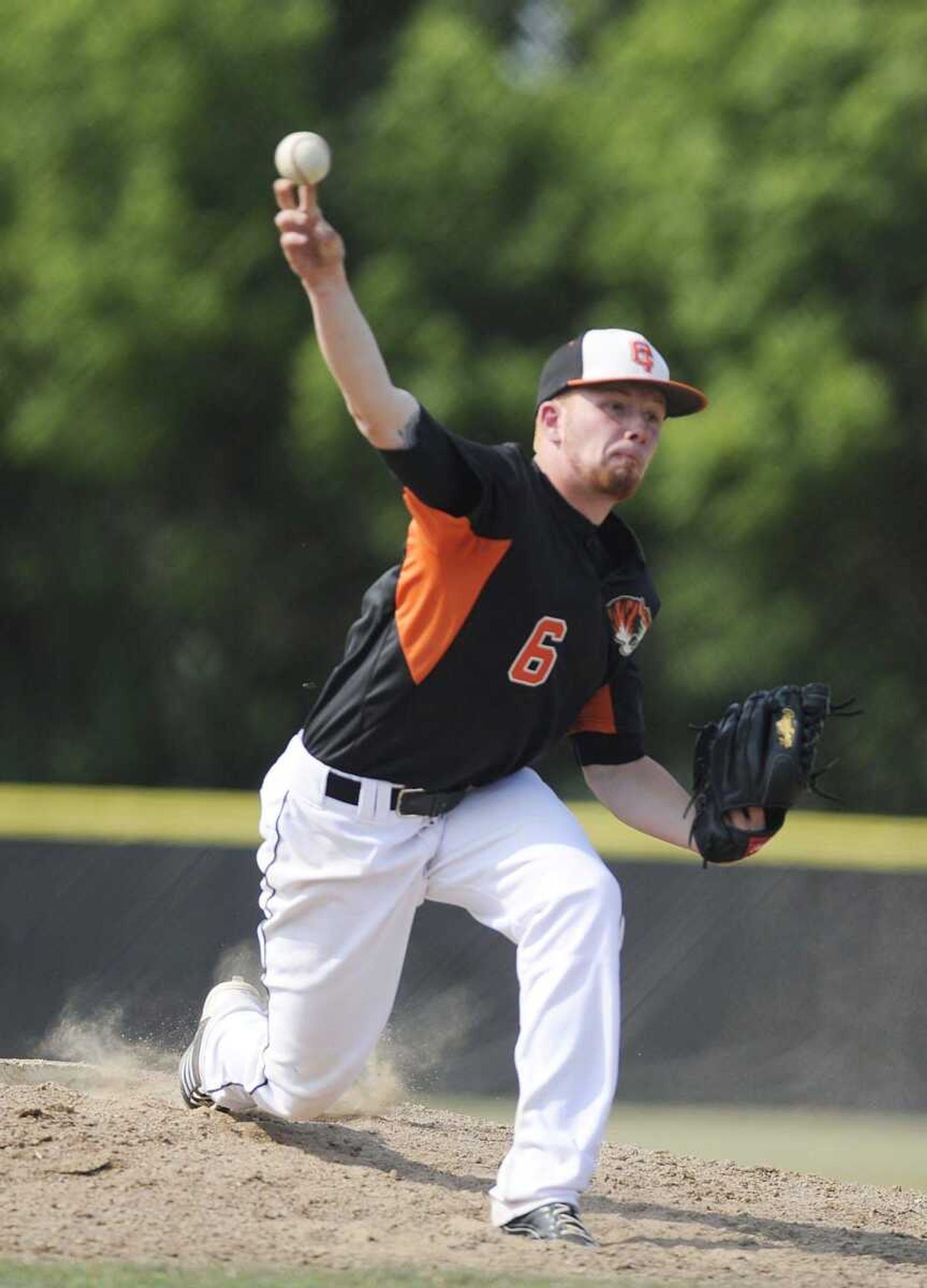 Cape Central pitcher Ethan Dambach throws during the first inning of the Tigers' 13-2, six-inning, run-rule loss to Rockwood Summit Thursday, May 24, in the Class 4 quarterfinal in Felton. (ADAM VOGLER)