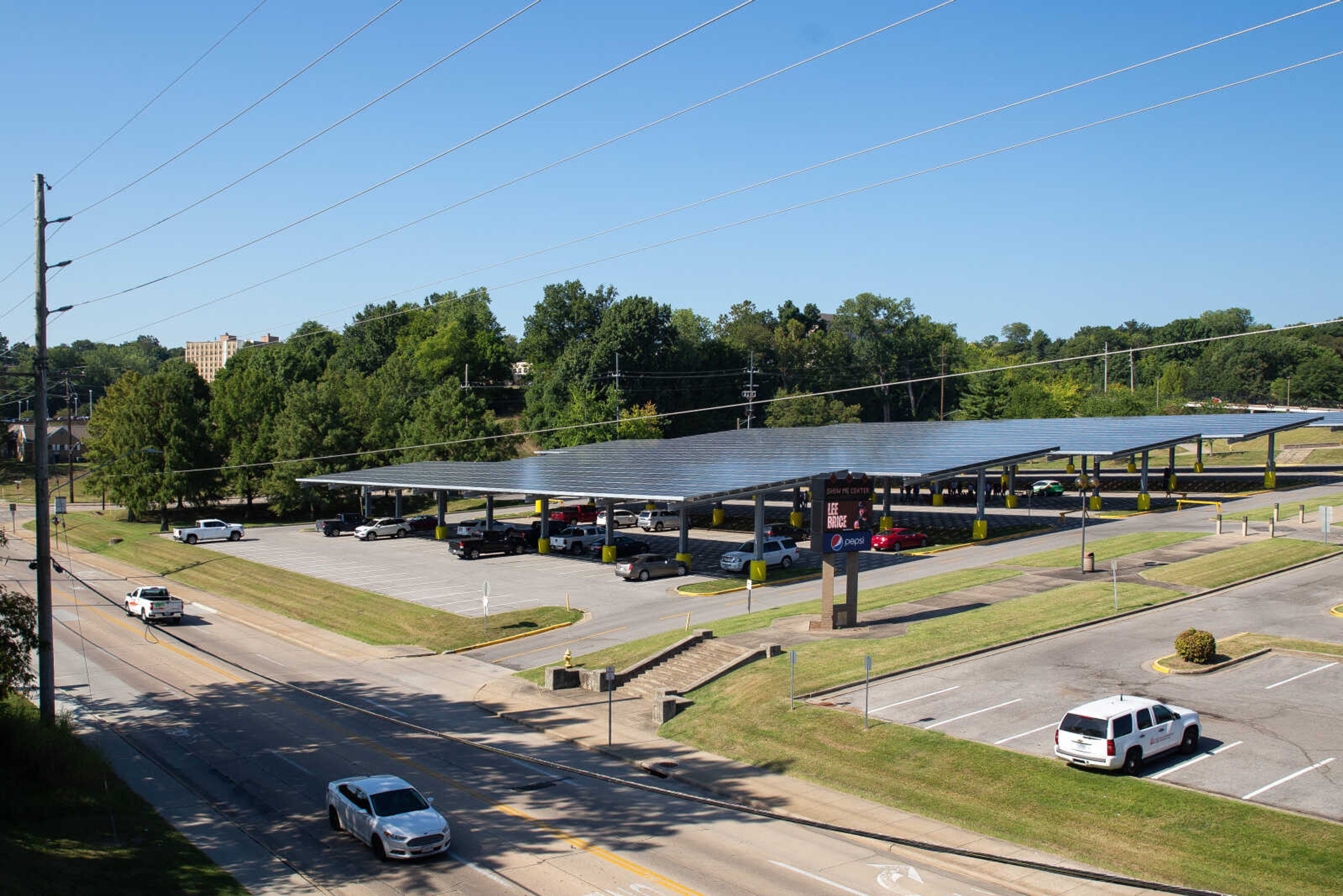 The solar panels, which cover the Show Me Center parking lot on Sprigg Street, can generate enough power to sustain 130 homes.