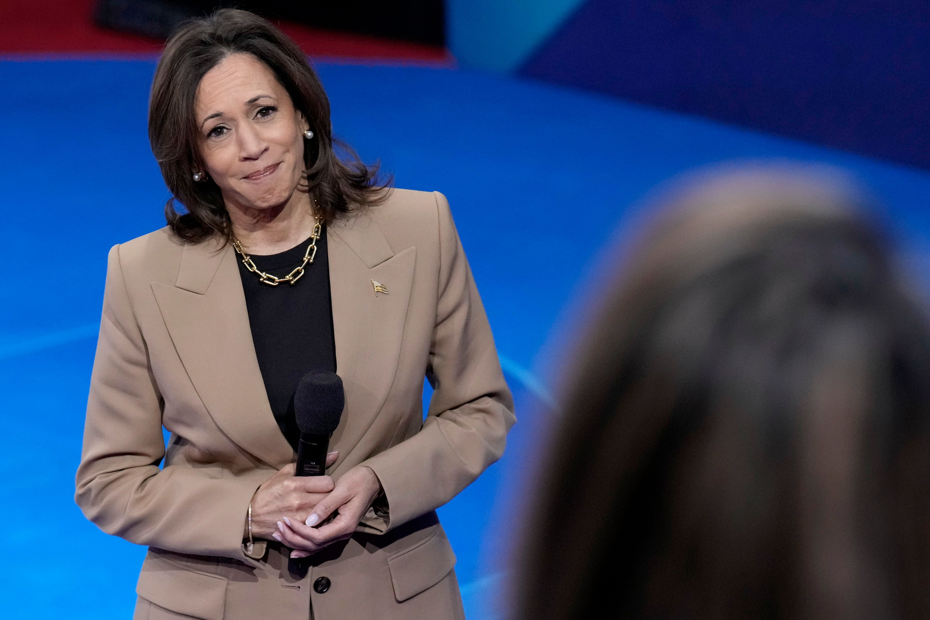 Democratic presidential nominee Vice President Kamala Harris listens during a Town Hall event hosted by Univision, Thursday, Oct. 10, 2024, at the University of Nevada Las Vegas. (AP Photo/Jacquelyn Martin)