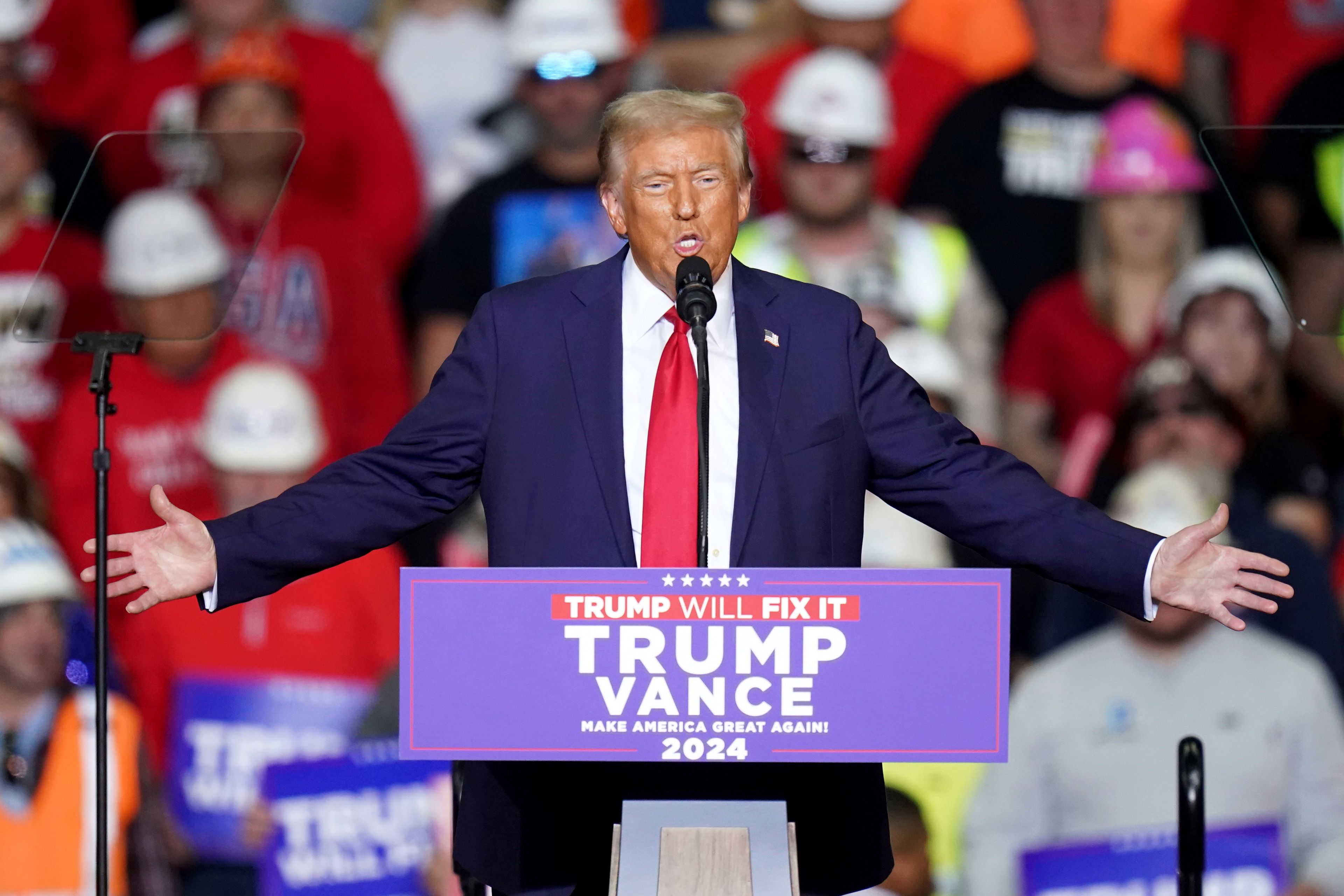 Republican presidential nominee former President Donald Trump speaks at a campaign rally at PPG Paints Arena, Monday, Nov. 4, 2024, in Pittsburgh. (AP Photo/Matt Freed)