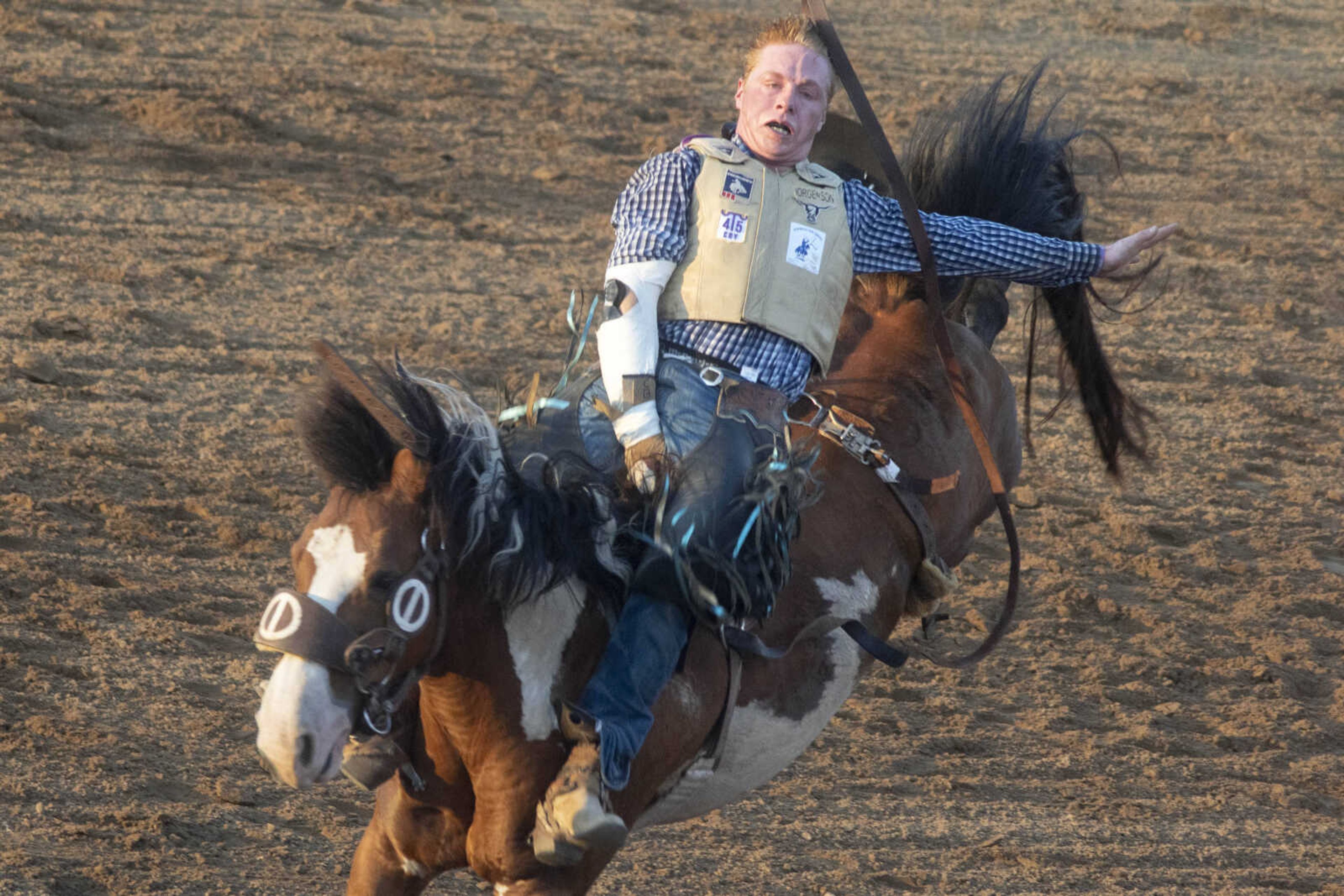 A rider hangs on during the Sikeston Jaycee Bootheel Rodeo on Thursday, Aug. 12, 2021, in Sikeston, Missouri.