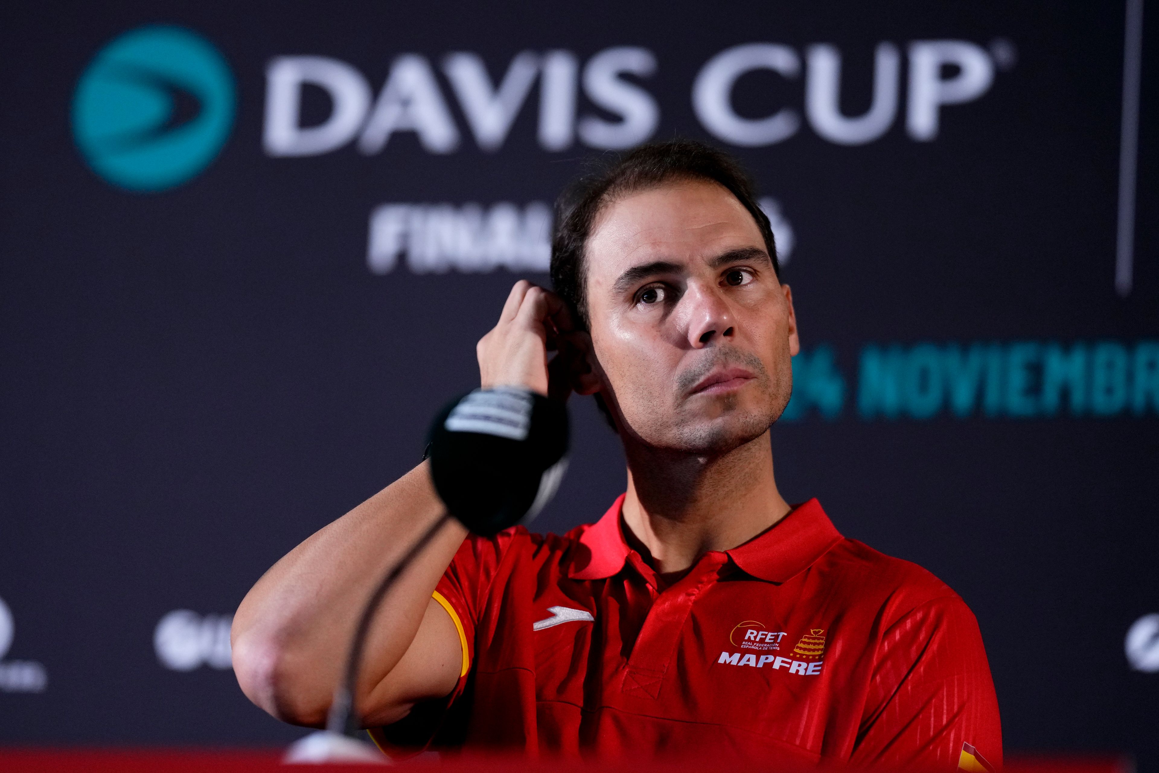 Spain's tennis player Rafael Nadal attends a press conference in Fuengirola, southern Spain, on Monday, Nov. 18, 2024. (AP Photo/Manu Fernandez)