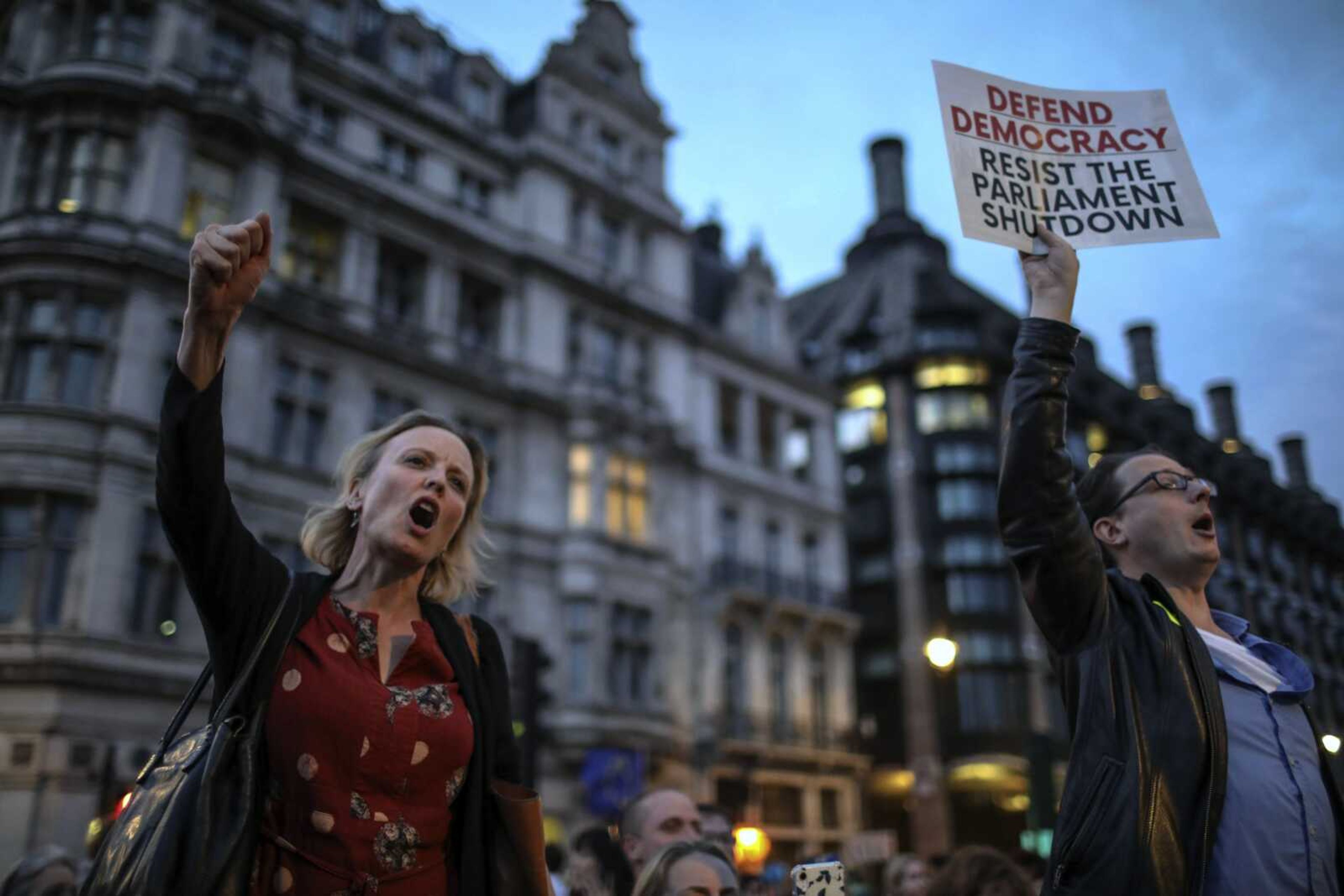 Anti-Brexit supporters take part in a Wednesday protest in front of the Houses of Parliament in central London.